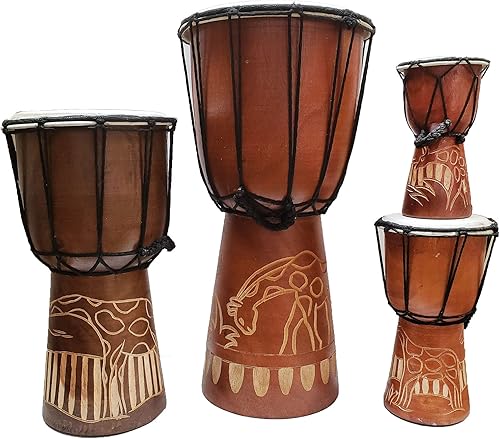 Miniatura 47 de Djembe Drum Carved Bongo música de inspiración africana también una idea única para regalar. Carver Abstract Elephant Giraffe Turtle.