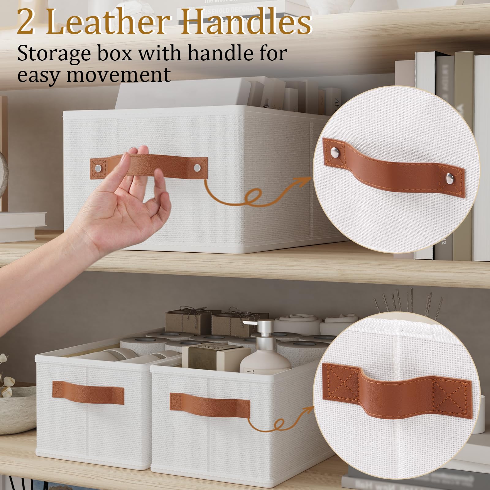 OUTBROS 6 Pack Paniers Rangement Tissu avec Poignée, 38x15.5x13cm, Blanc | Boite Rangement Vetement en non tissé et PP plaque, Pliable Casiers Pour Armoire, Vêtements, Livres, Cosmétiques