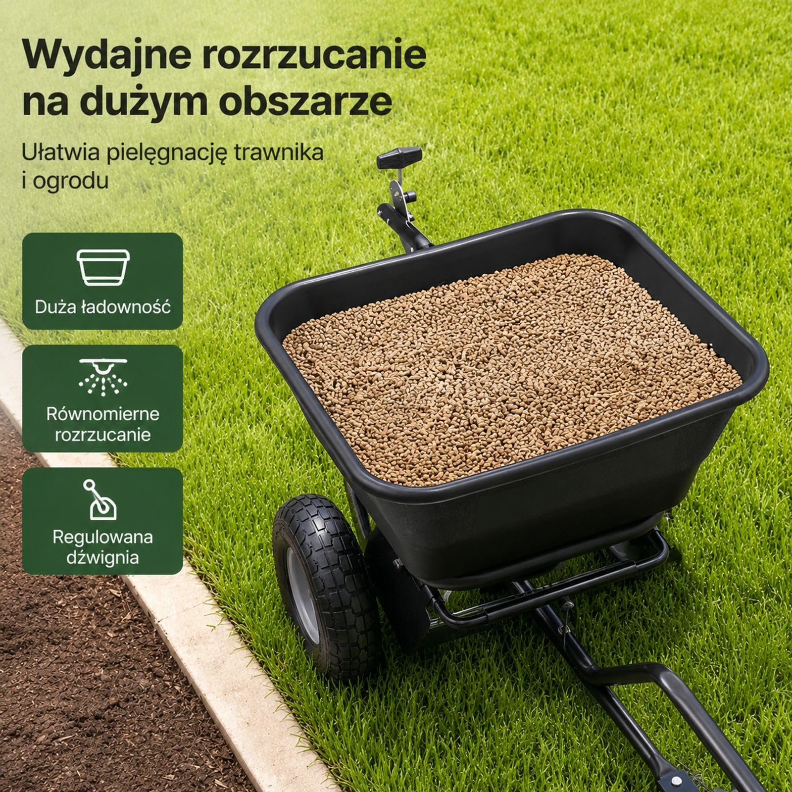 Przyczepiany rozsiewacz obrotowy, pojemność 38,6 kg, regulowana szerokość rozrzutu 0-3 m, przekładnie aluminiowe, do nasion, nawozu i soli drogowej