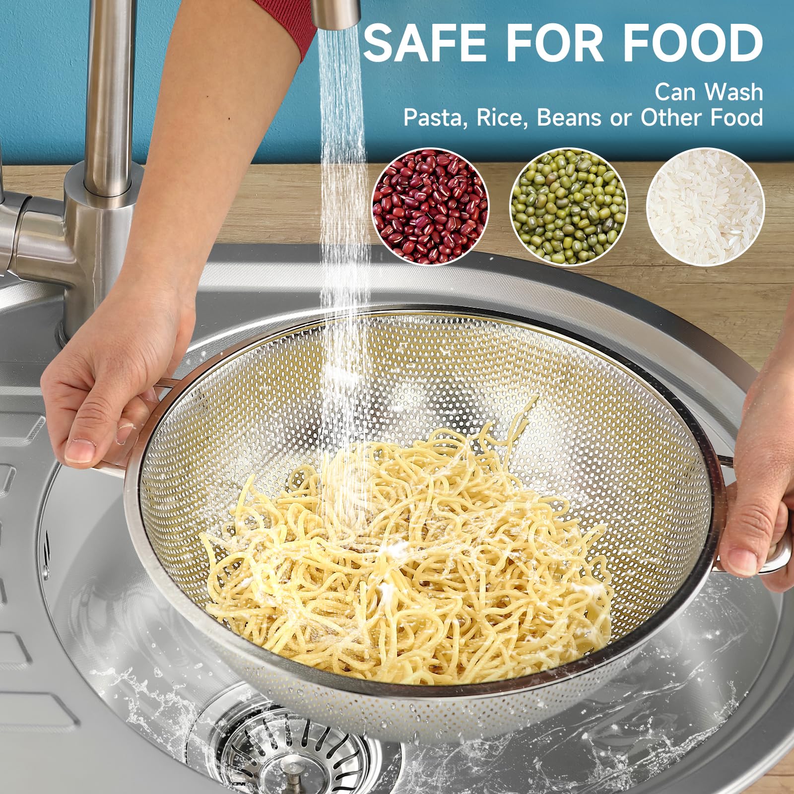 2 scolapasta per cucina, 0,9 e 1,5 l, in acciaio inox, con manico, per frutta, verdura, cottura alimenti, lavabile in lavastoviglie