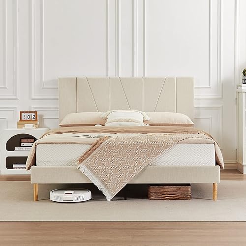 Flolinda Base de cama tamaño Queen con plataforma tapizada con cabecera completa y listones de madera fuertes, no necesita somier, fácil montaje,