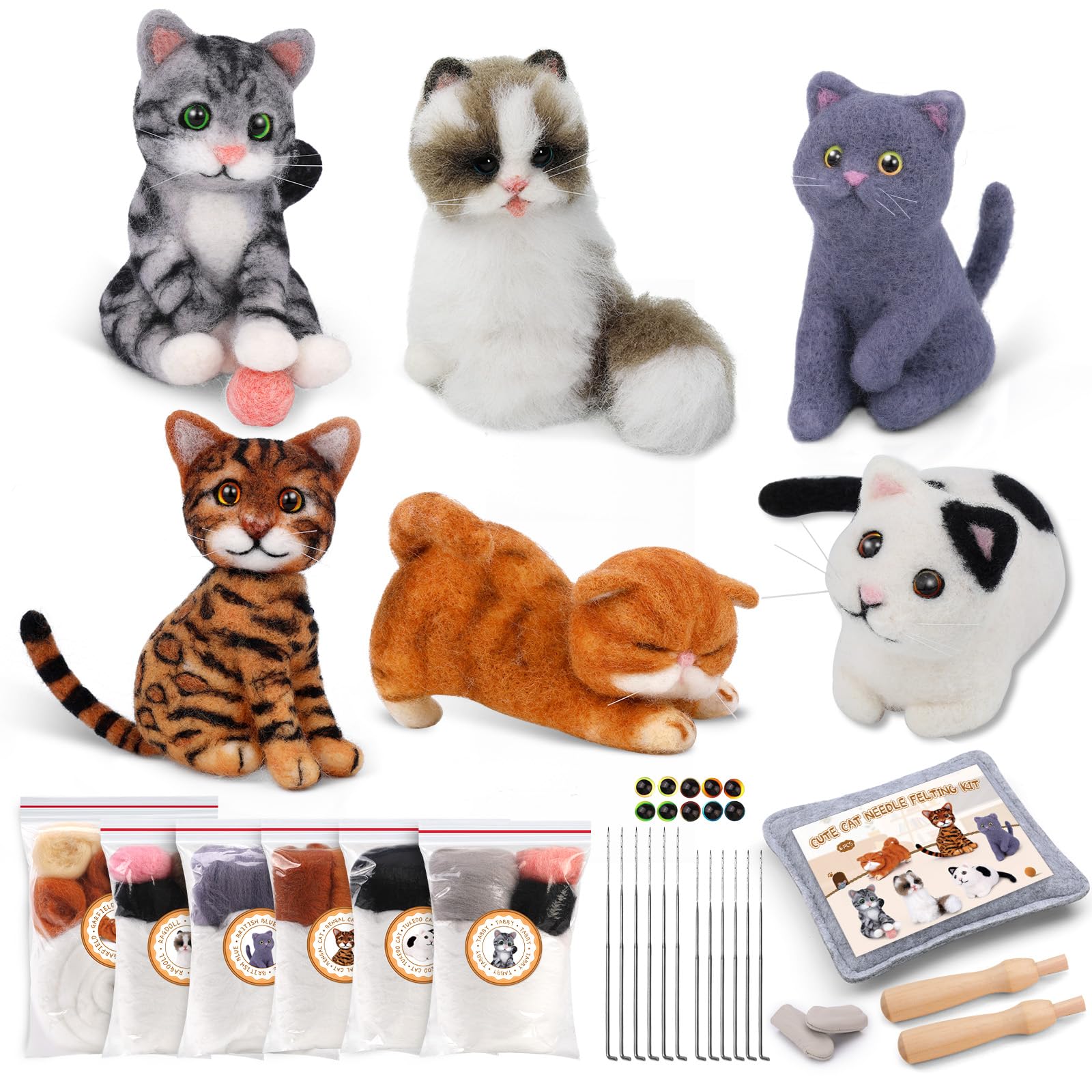 Doxiru Needle Felting Kit, 6 Pcs Cat Animal Felted Beginner Kits, Needle Felting Tools with Instruction, Wool Pad