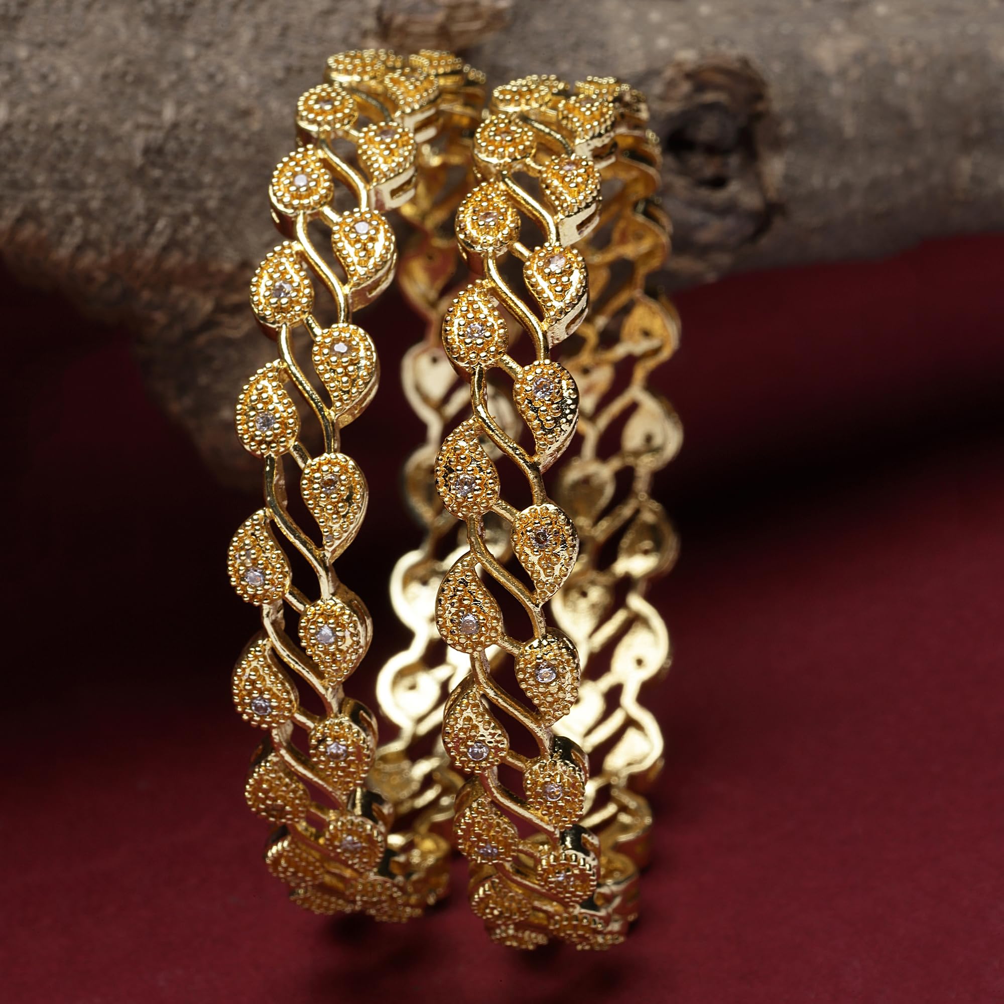 Leaf Shaped American Diamond Plated Bangles For Women (Gold, 2.4)