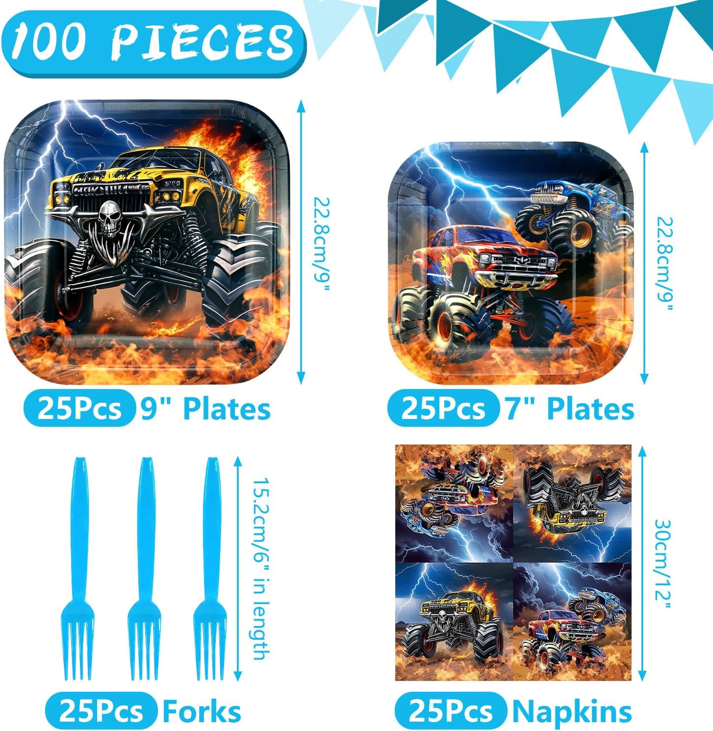 100 Pieces Monster Truck Party Tableware Monster Car Birthday Decorations Dessert Plate Napkin Fork for Racing Car Themed Party Supplies Serves 25 (Monster Truck)