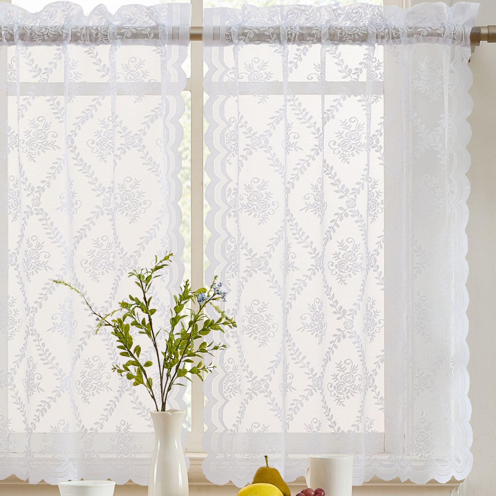 HLC.ME Isabella Floral Rod Pocket Lace Semi Sheer Voile Short Cafe Tiers for Small Windows - 28 x 36 Inch Length (White Tiers, Set of 2)