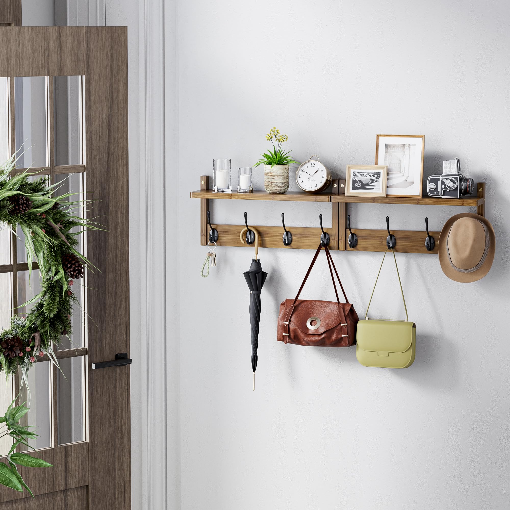 STELLSTAR Coat Rack with Shelf Wall Mount, Entryway Bamboo Hanging Shelf, Set of 2, Wall Hook Rail for Hallway Décor - Image 2