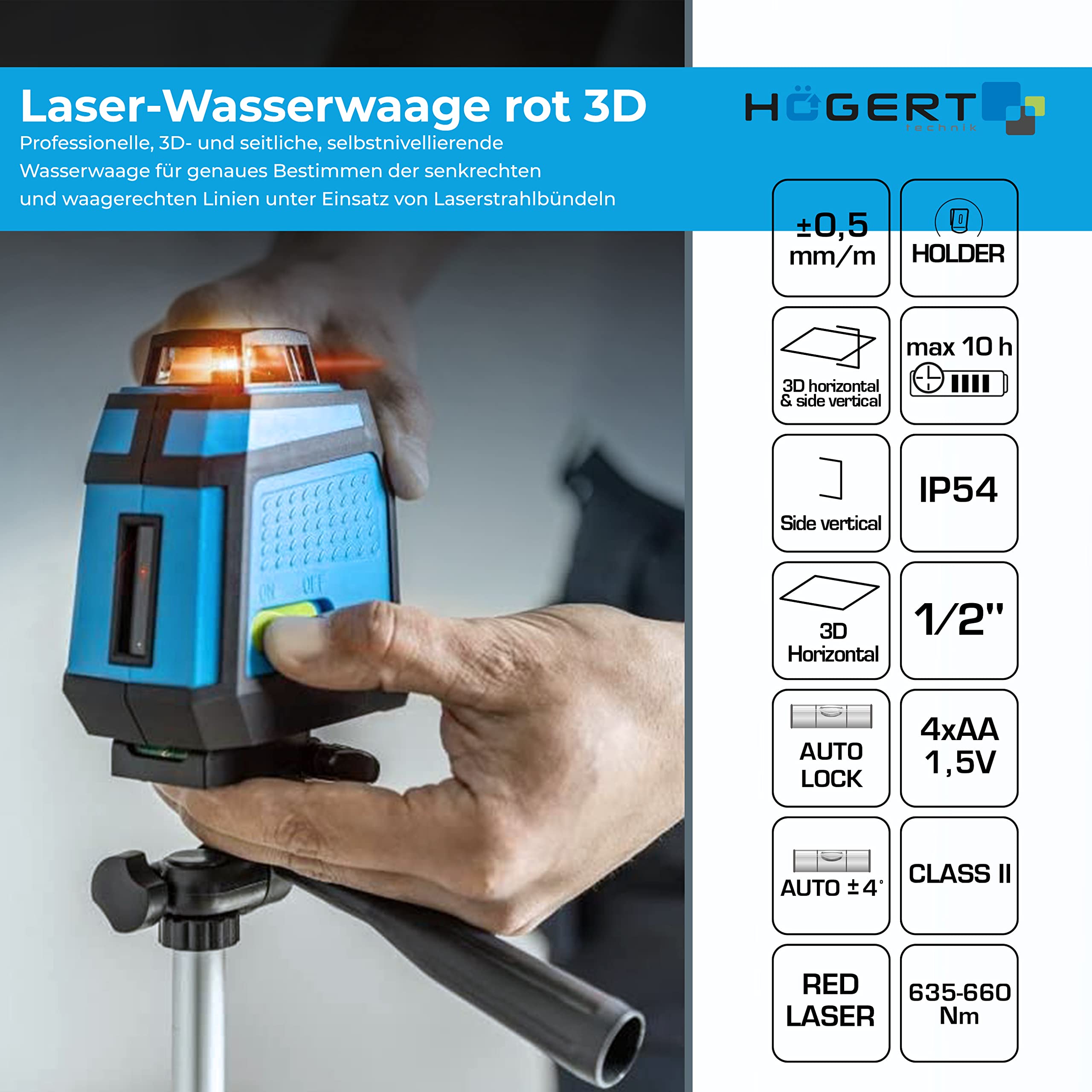 Högert Technik Livella a bolla professionale 3D e laterale, autolivellante, area di lavoro: raggio fino a 15 m/diametro fino a 30 m HT4M072