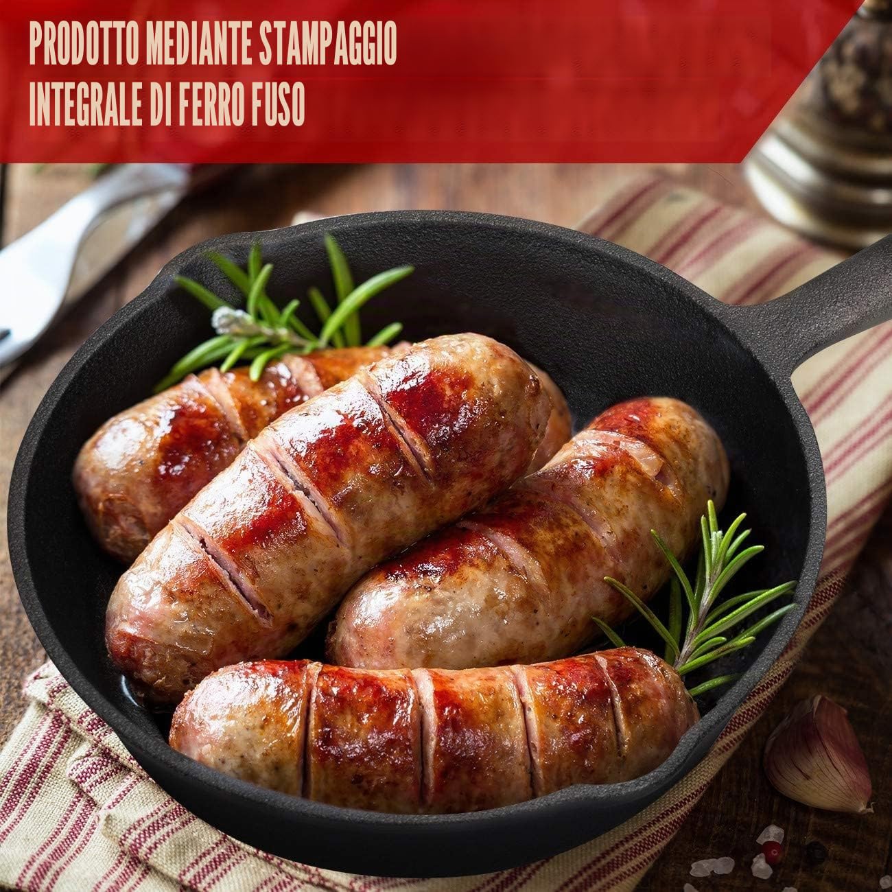 OVERMONT Padella in Ghisa Pre-stagionato - Pentola Utensili da Cucina con Manico per Interni ed Esterni- per Griglia Friggere Fornelli Barbecue Falò - Varie Dimensioni Nero - Rotondo
