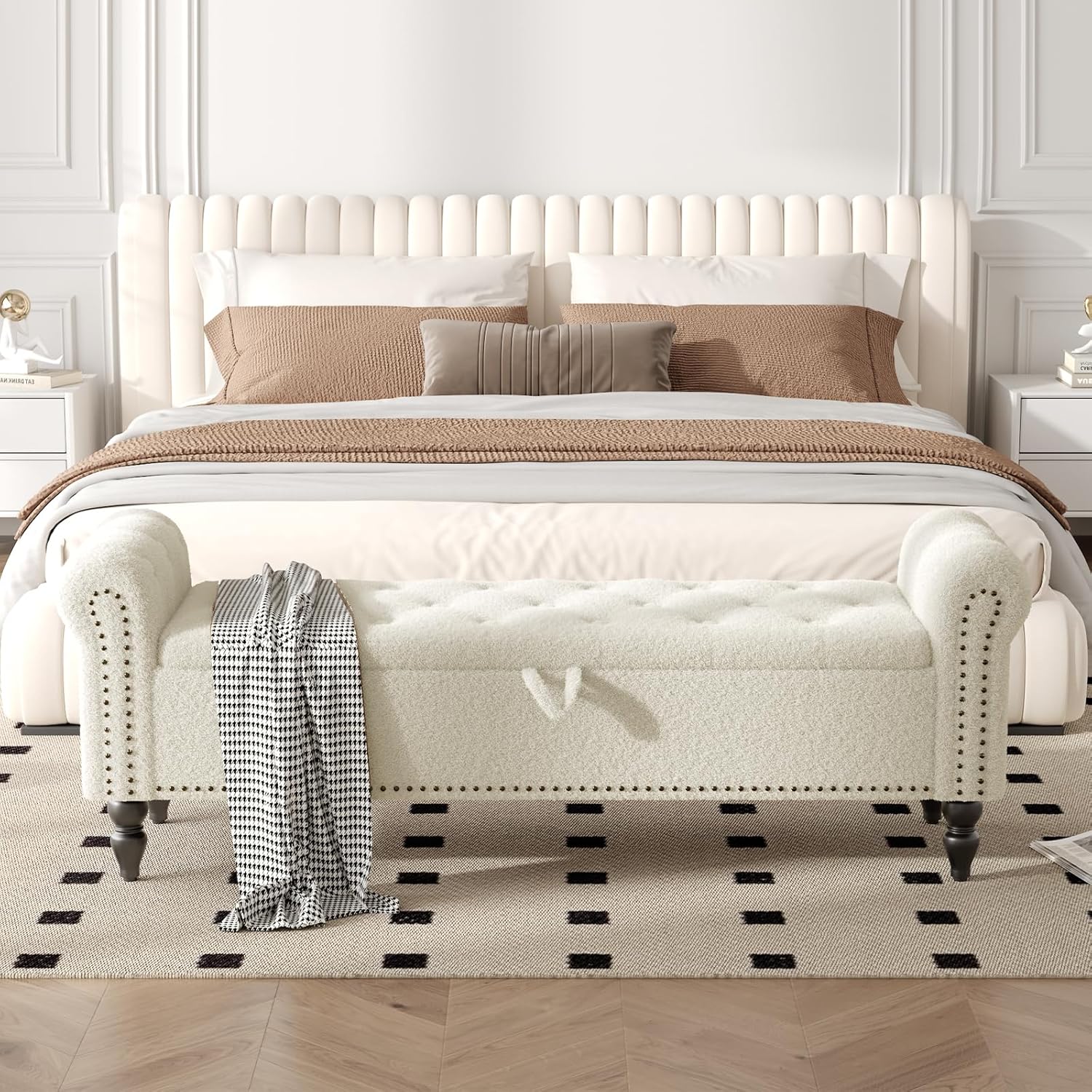 Furniliving 63” End of Bed Bench, Bedroom Bench with Button-Tufted, Large Upholstered Storage Ottoman Benches Entryway Bench with Storage Shoe Cabinet Bench, for Bedroom, Living Room, Faux Fur, White