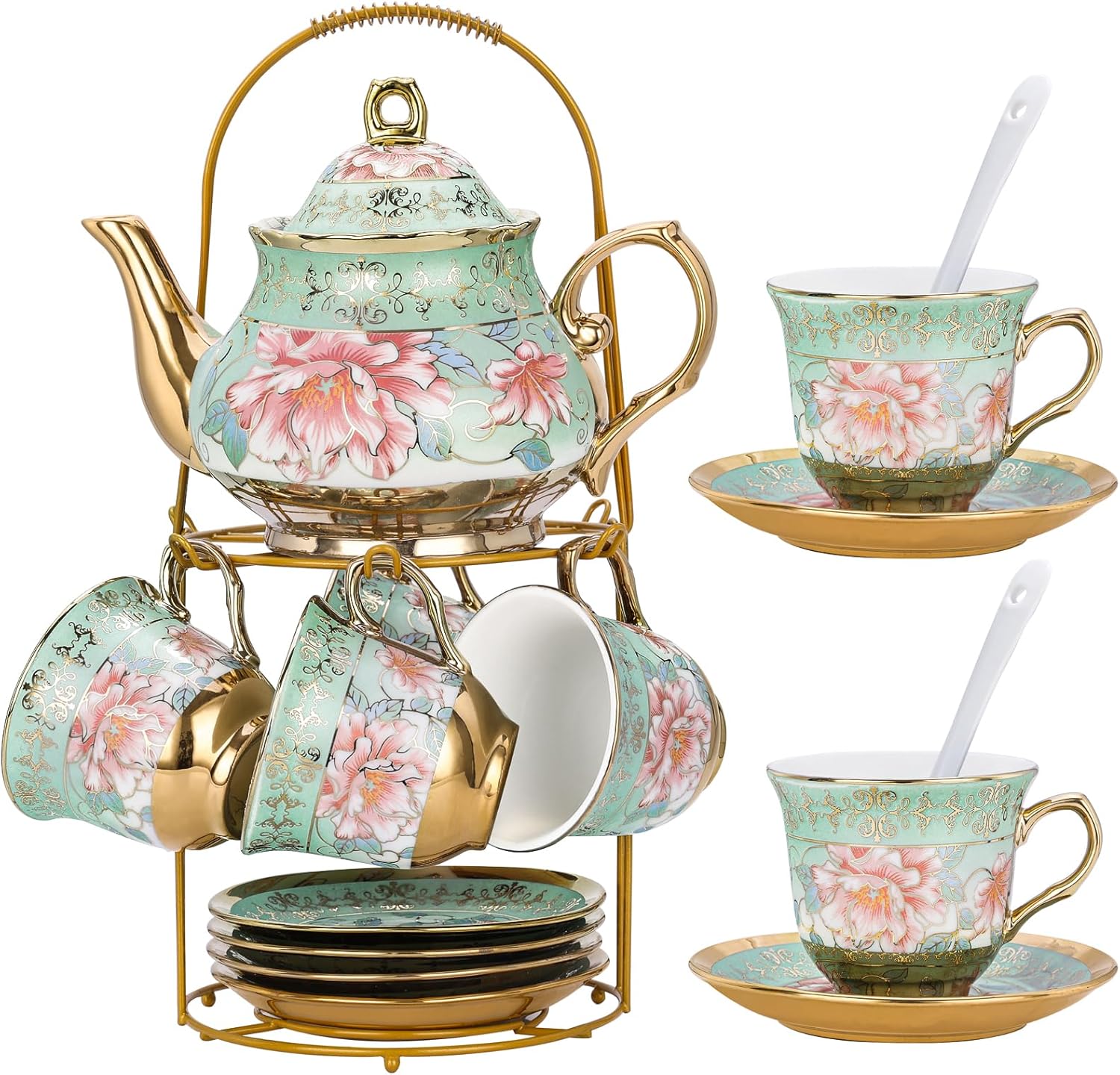 ZOMUIA 20 Pcs Porcelain Tea Set with Metal Holder