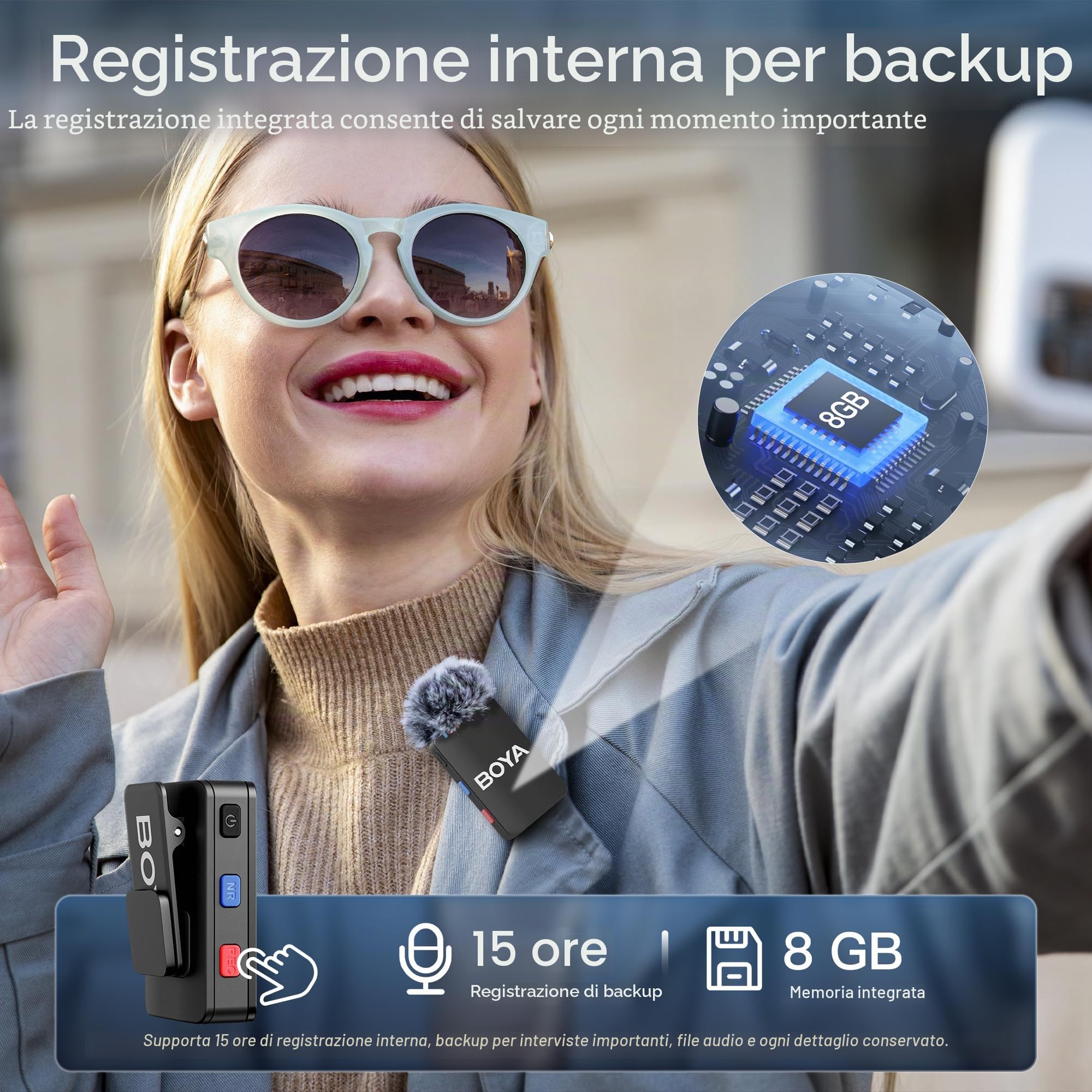 Boya Boyamic, microfono lavalier wireless per fotocamera iPhone e smartphone Android, registrazione integrata, portata 200 m, microfono wireless con clip per streaming live e registrazione podcast