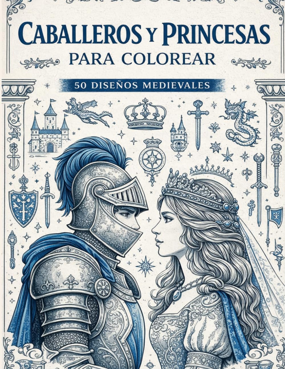 Caballeros y Princesas para Colorear: 50 Diseños de Época Medieval con Guerreros Valientes, Damas Nobles, Torneos y Castillos | Impresión a una Sola Cara, Formato A4 y Papel de Alta Calidad
