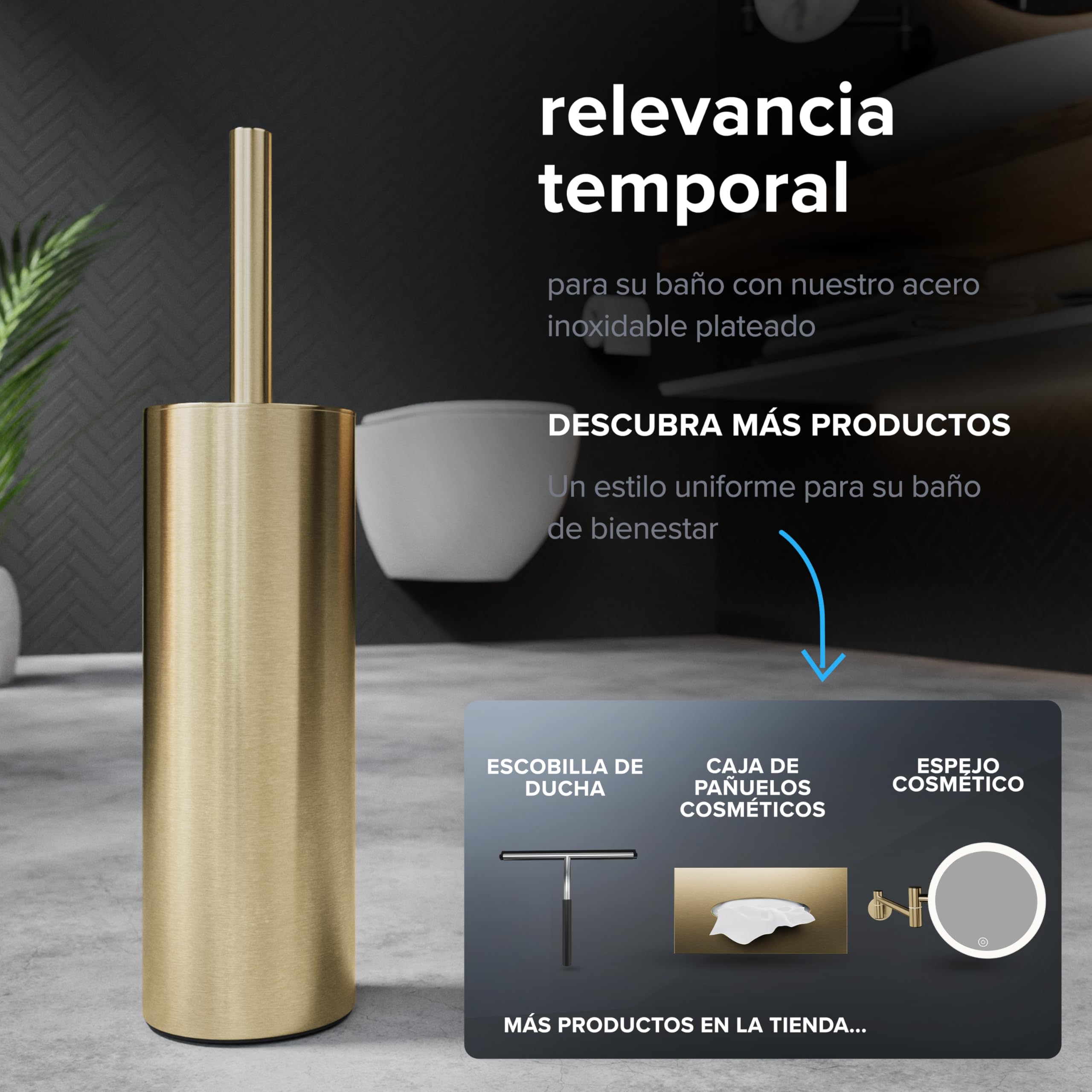 ovimar Escobilla para inodoro Hou | Silicona | Oro | De Acero Inoxidable con Tapa l Independiente para baño e Inodoro de invitados | Escobilla de inodoro con cabezal intercambiable | Diseño Silvolles
