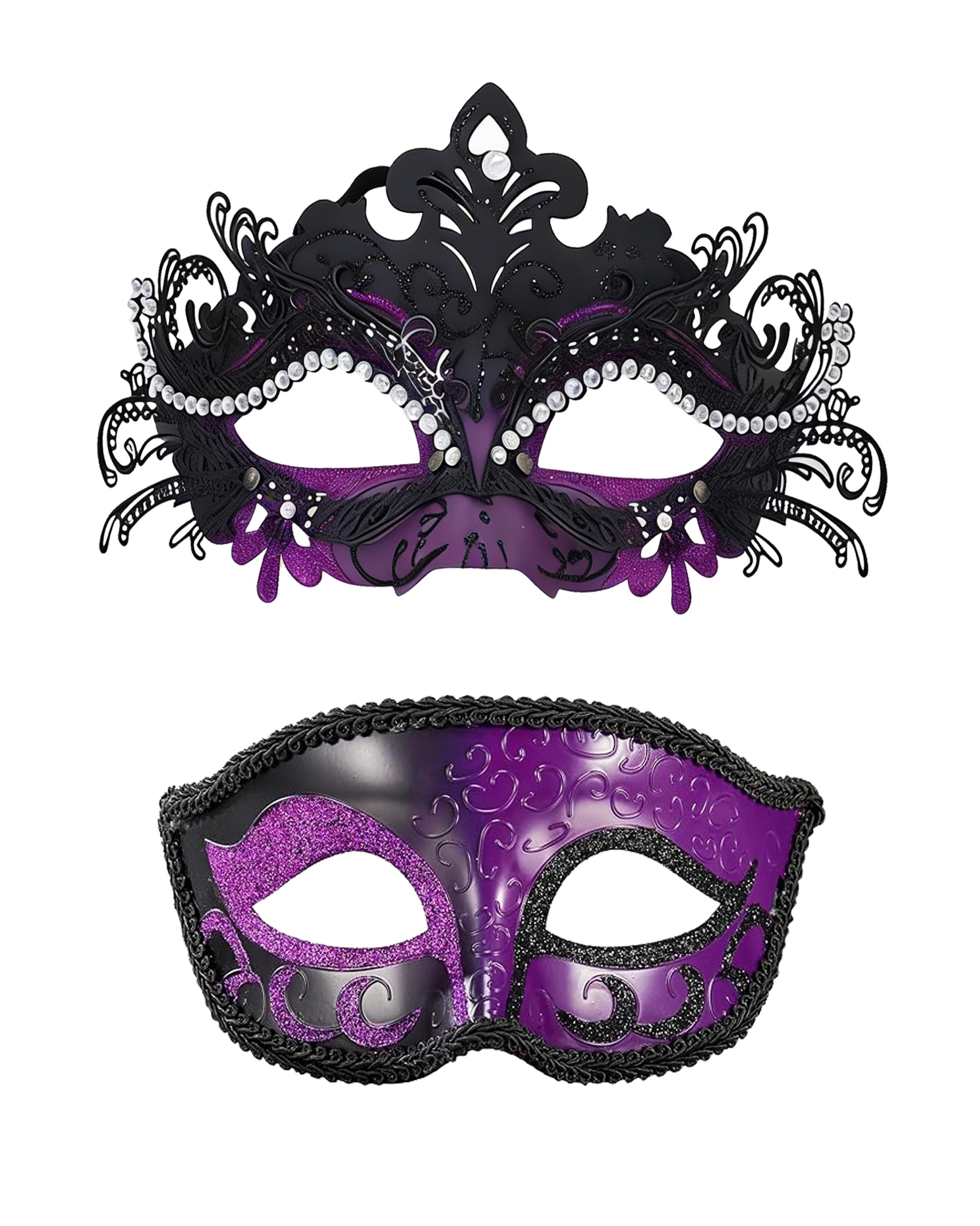MZinge Masquerade Mask for Men Women, CouplesShiny Rhinestone Metal Filigree Venetian Mask Set for Ball Party,Halloween，Mardi Gras,New Year Party，Eye Mask Costume (Black purple)