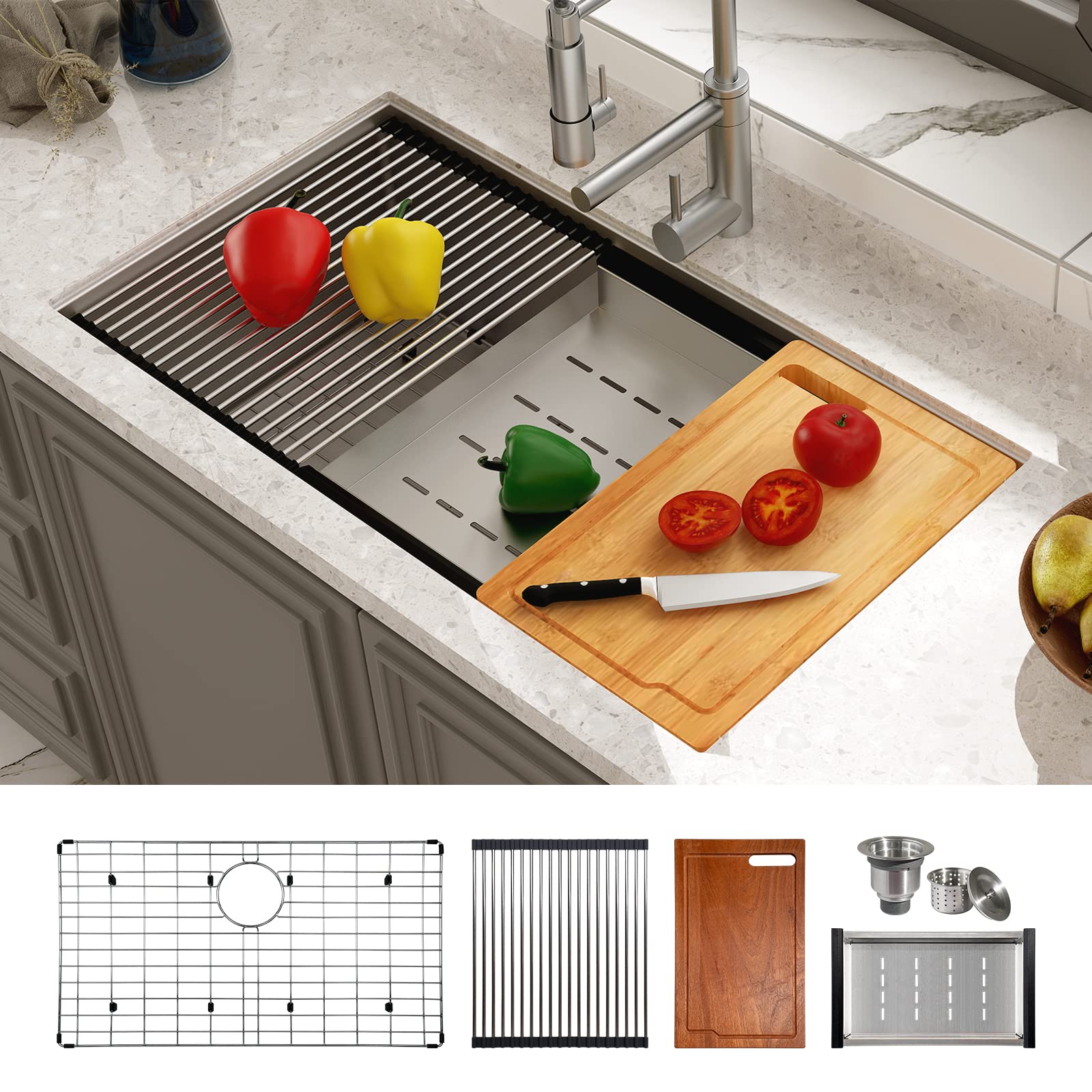 TECASA32 inch Workstation Kitchen Sink, Undermount Deep Single Bowl, Stainless Steel with Integrated Ledge and Accessories (Pack of 5), World-class Manufacturing Standard (32" x 18" x 10")
