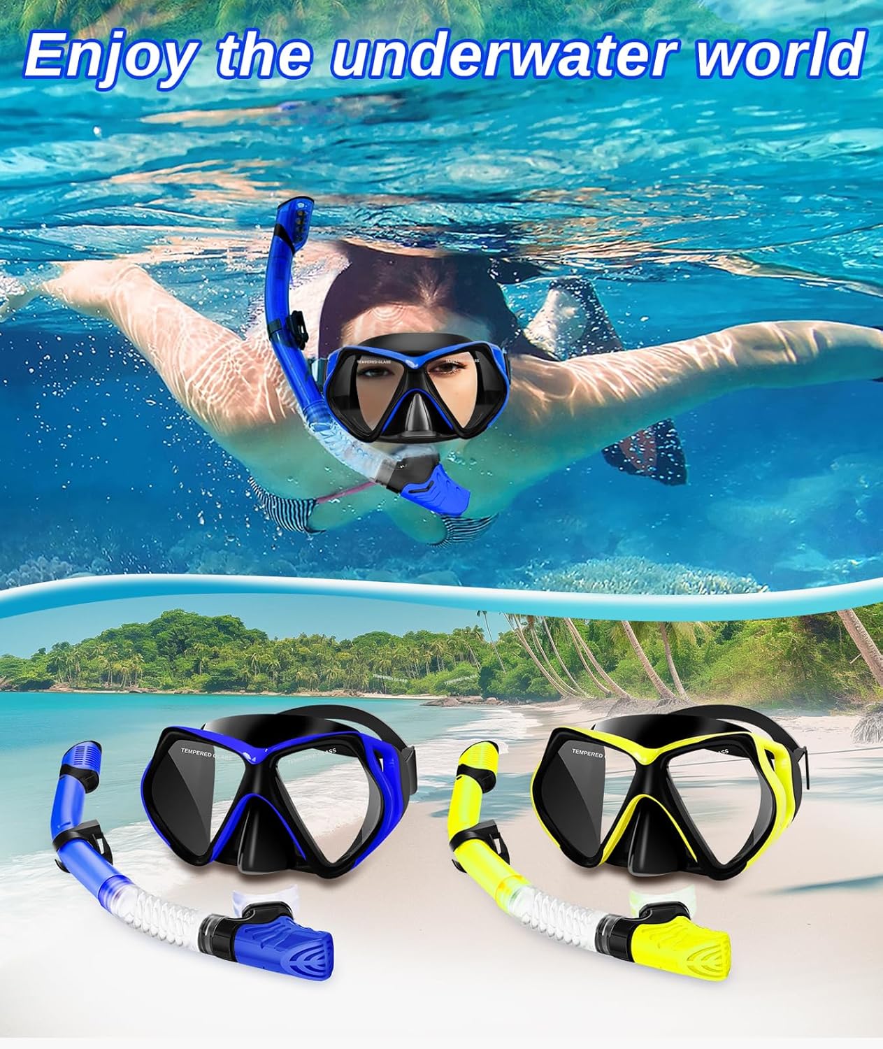Snorkeling Gear for Adults Set & Dry Snorkel Set, 180° Panoramic Wide View Scuba Mask and Snorkel, Leak Proof Anti-Fog Swim Diving Mask for, Snorkeling, Swimming, Diving(Black Blue) - Image 7
