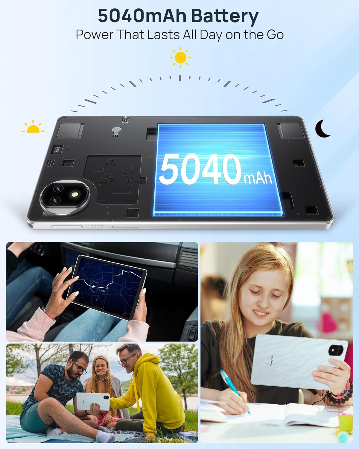 Ulefone Tab A9 Pro tablet showing battery capacity and various usage scenarios like in a car, studying, and outdoor leisure.