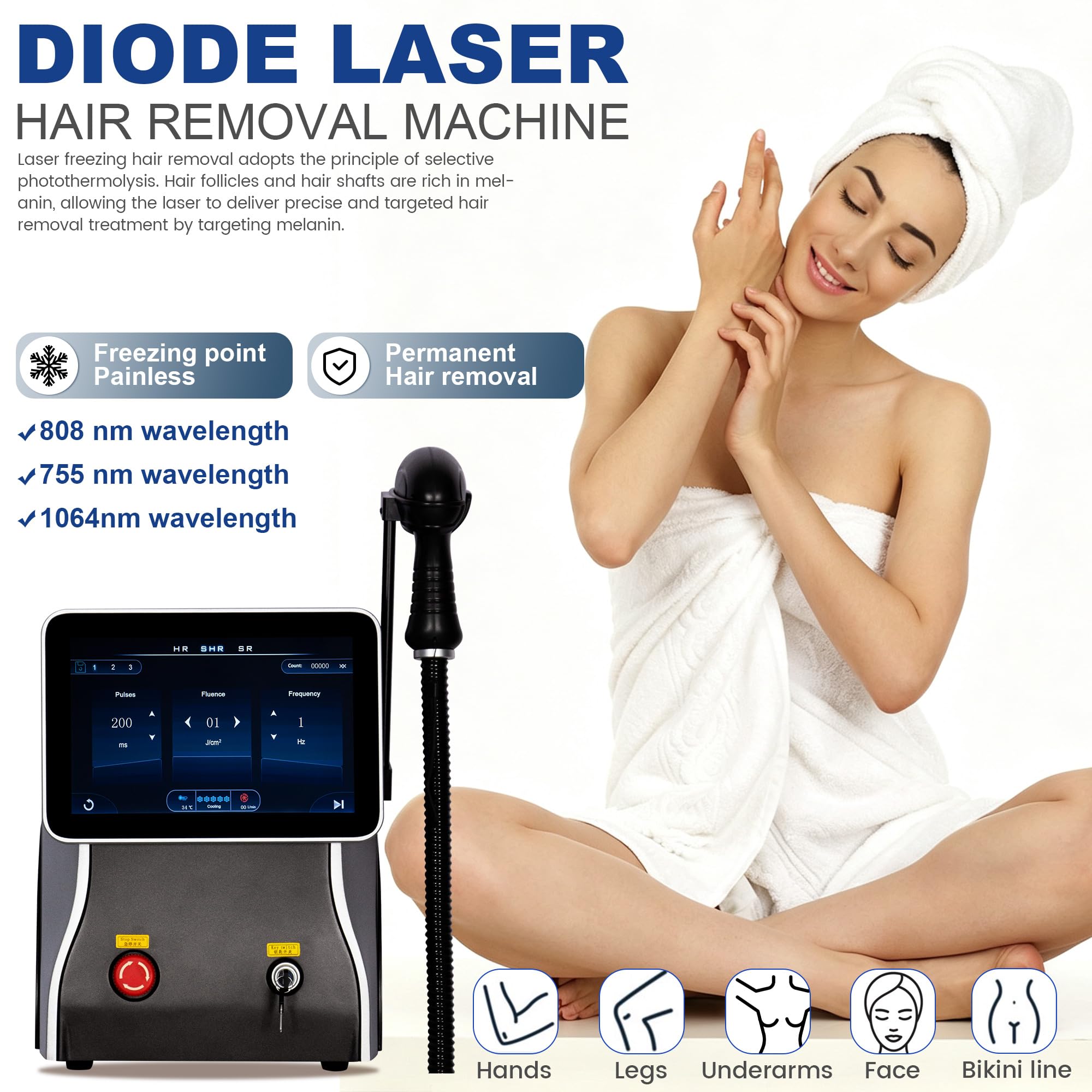 Appareil d'épilation laser diode 808 nm, style institut de beauté professionnel, écran tactile haute définition, refroidissement par points glacés, convient à tout le corps. (noir)