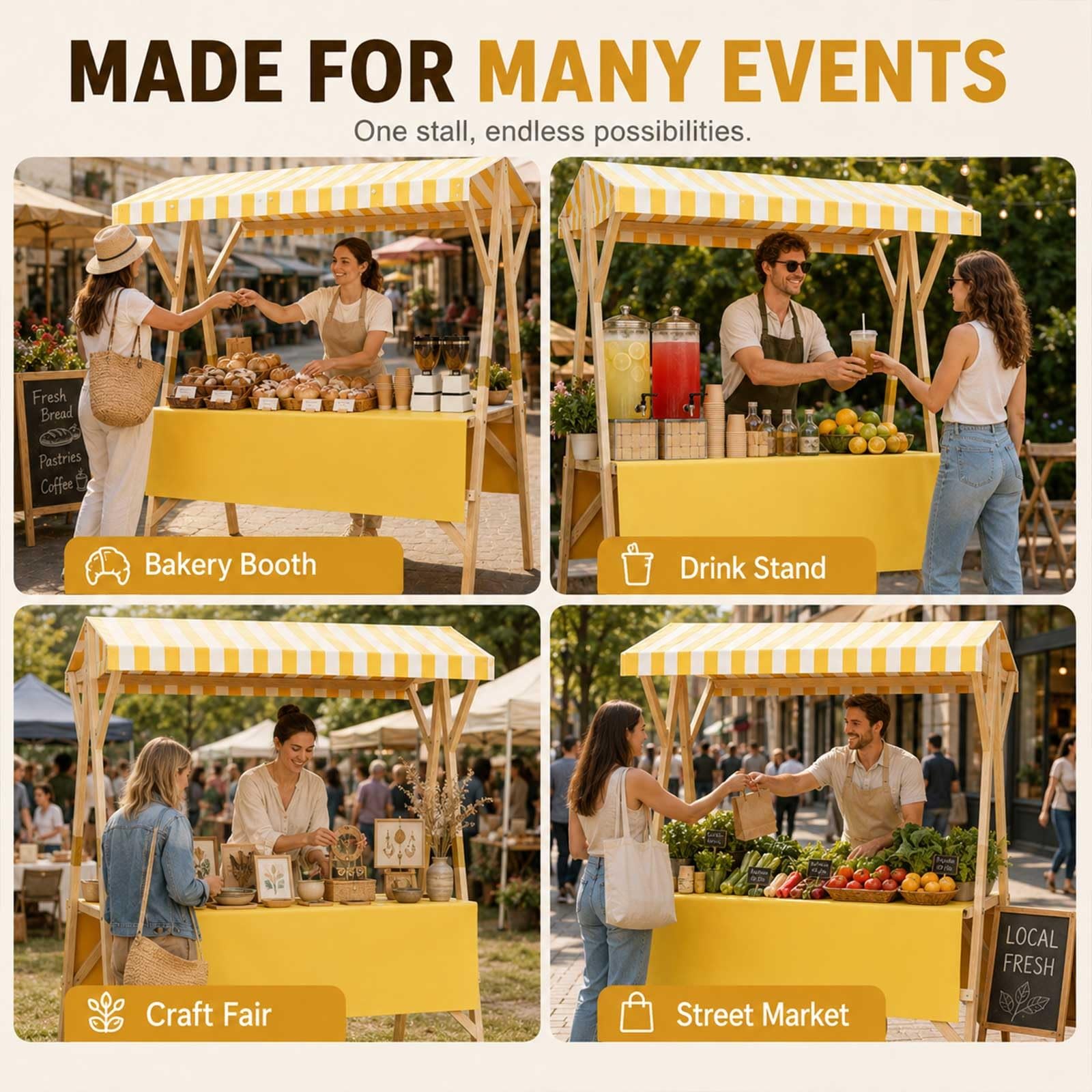 Carrello Per Venditori All'Aperto Espositore Mobile, Banco Vendita Pieghevole In Legno Con Tettoia, Bancarella Per Street Food, Mercati Agricoli, Fiere, Eventi E Festival(Green1,47.2in/120cm)