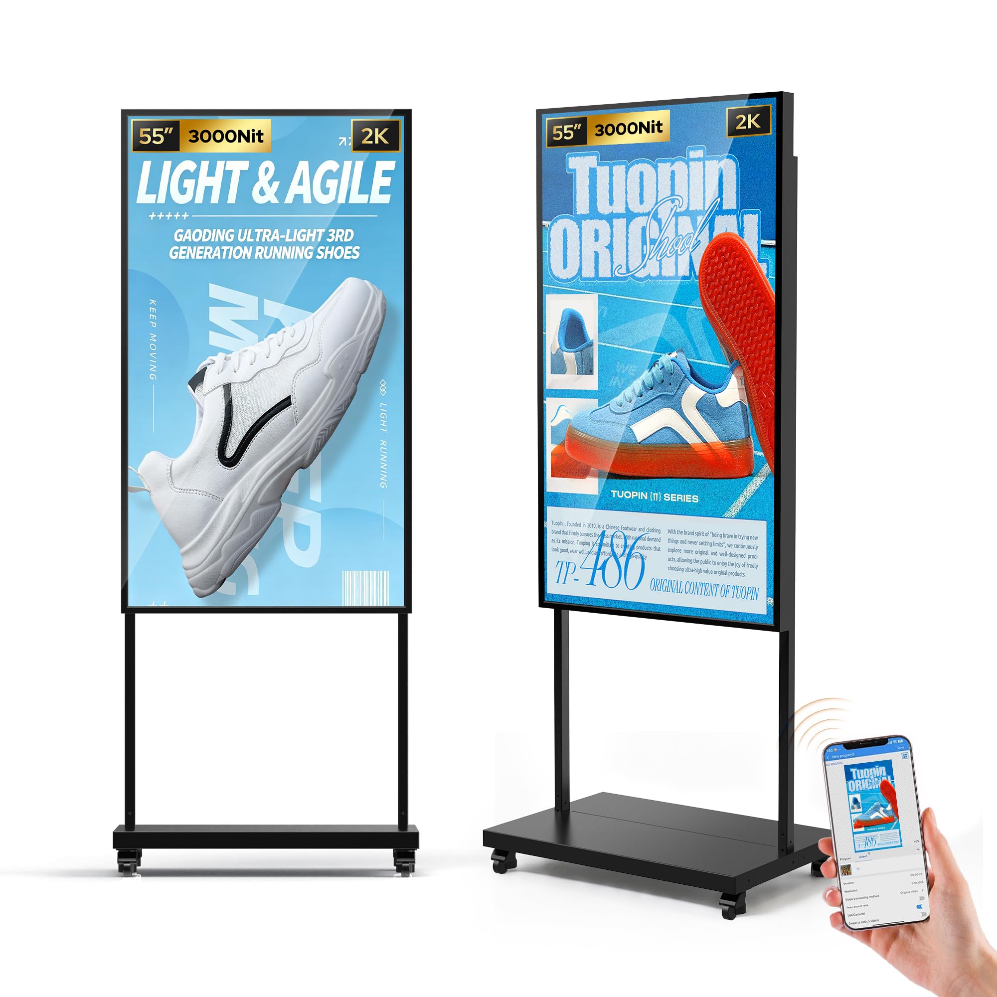 55 inch Shop Window Facing Digital Signage Display, 3000 Nits Android 14 Advertising Display Kiosk with Auto Brightness Sensor, CMS Control, Heat-Resistant LCD Panel, WiFi/USB/HDMI