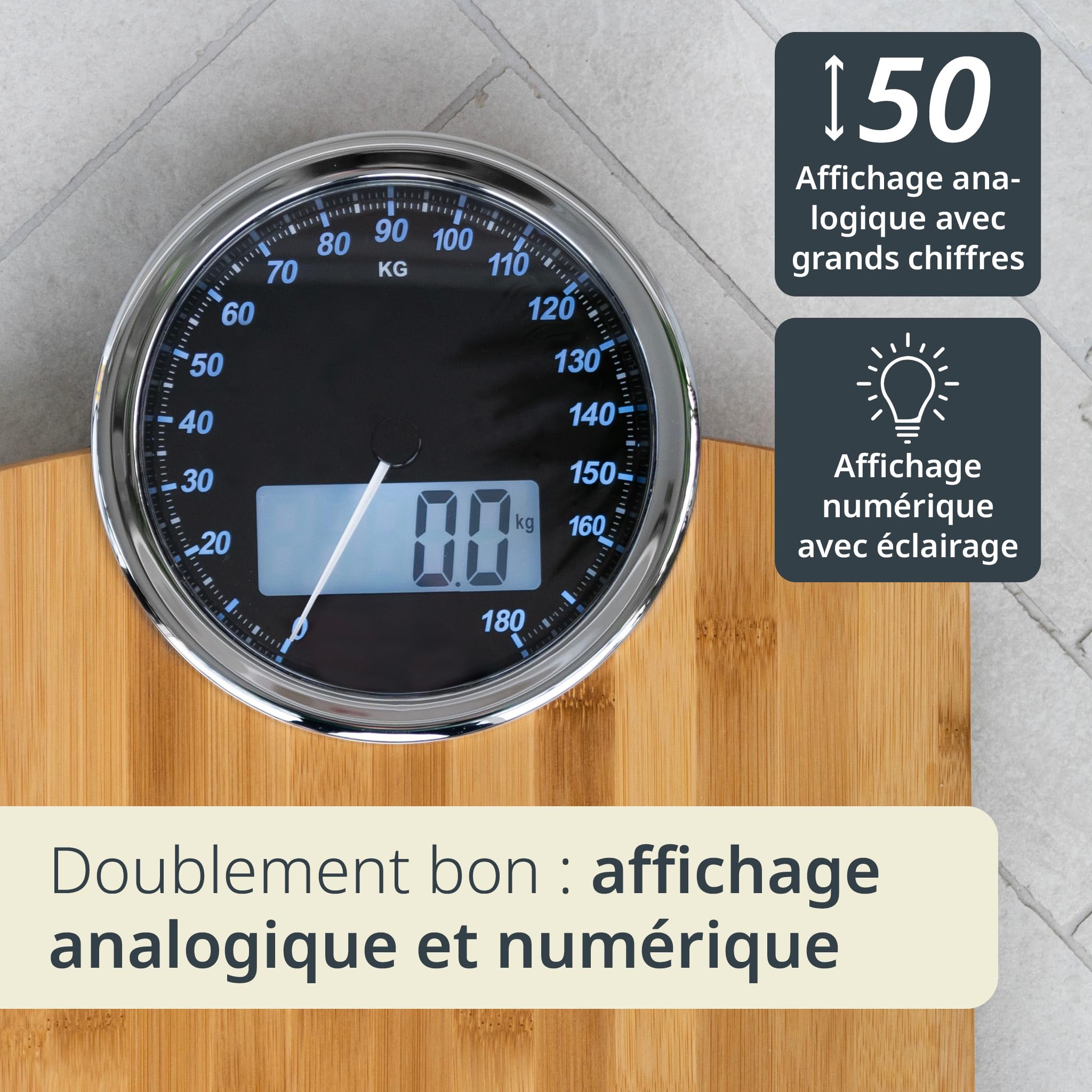 ADE Balance Pese personne numérique avec affichage analogique | grand écran | résultats très précis jusqu'à 180 kg | surface de pesée en véritable bois de bambou