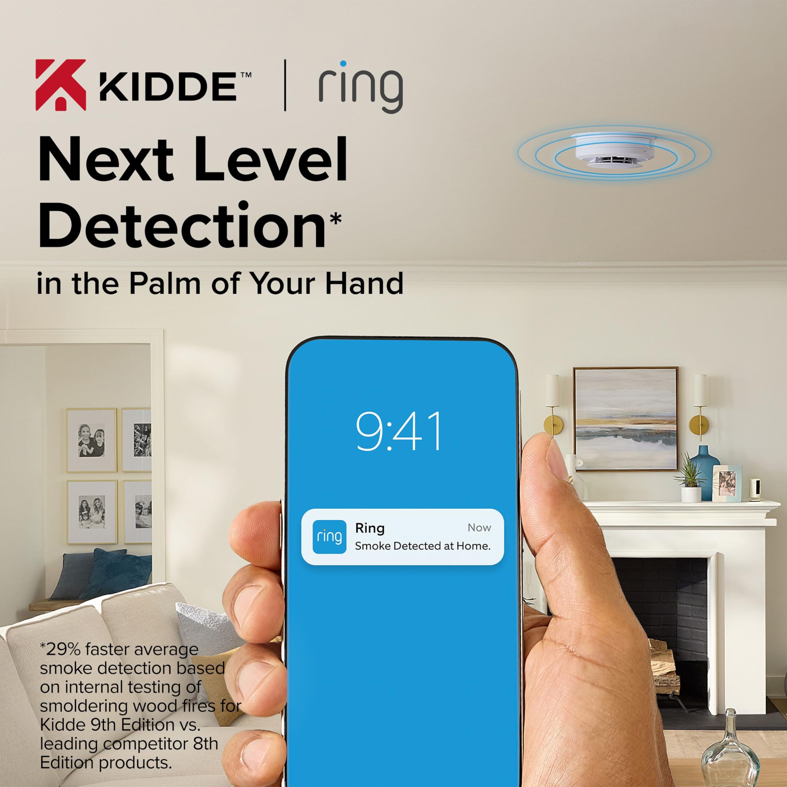 Condition photo showing New/Like New for kidde smart smoke and carbon monoxide detector, ring app enabled for real-time notifications, hardwired alarm, aa backup battery