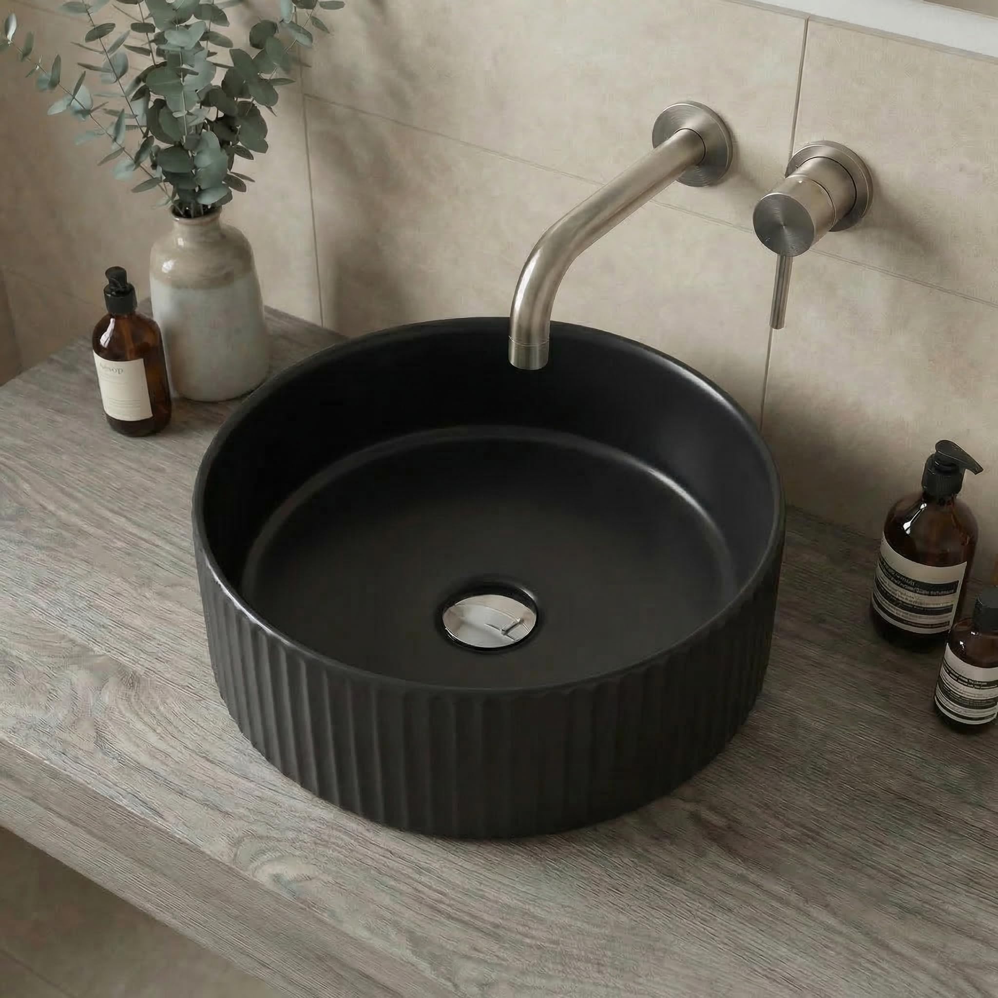 Baystone Matt Black Baystone® Fluted Countertop Basin For Bathroom And Cloakroom Hand Wash Basins Sink Modern Round, 360 X 360Mm