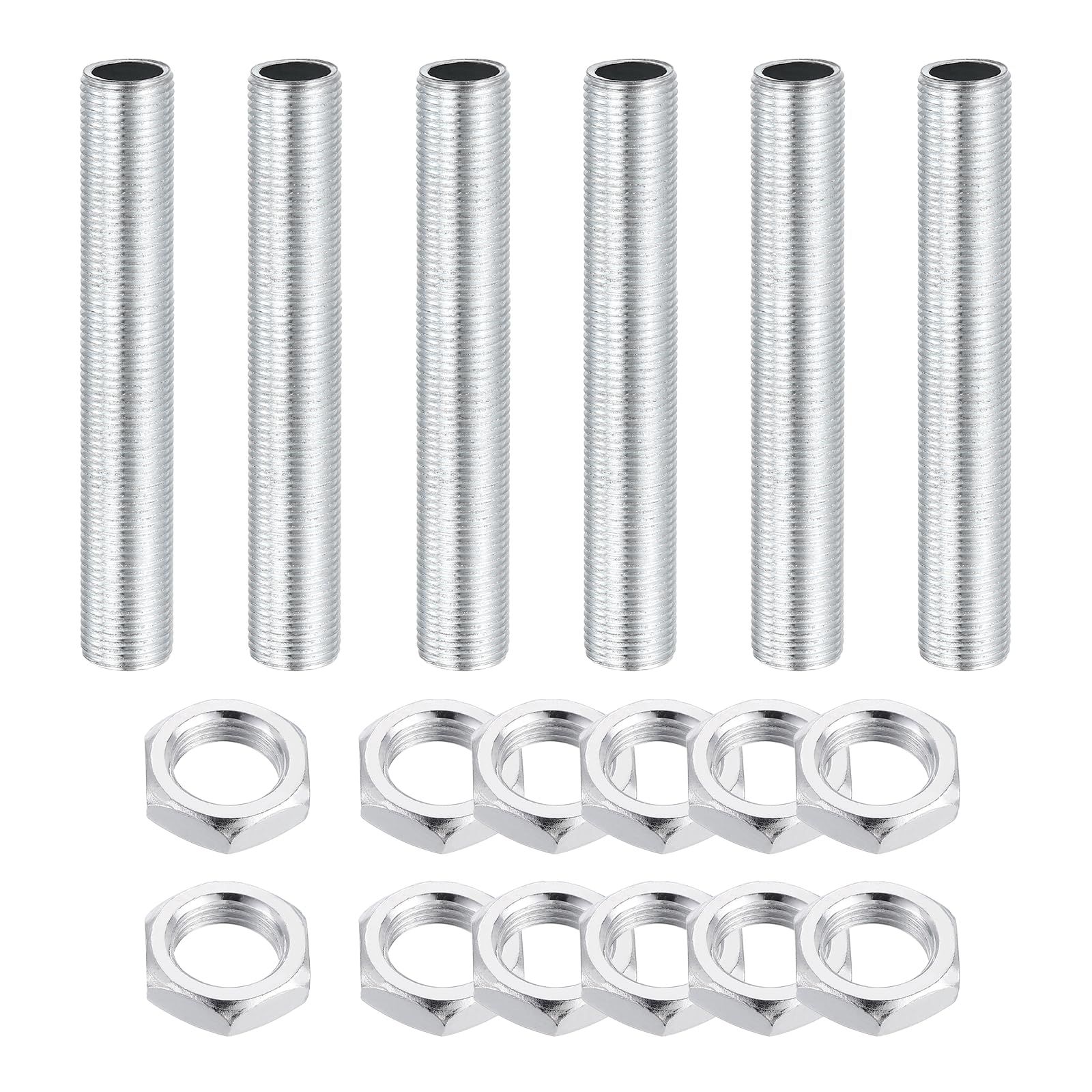 sourcing map 6Pcs 75mm Lamp Pipe Nipples Kit with Lock Nuts, M12x1 Fine All Threaded Hollow Tube Lamp Repair Hardware Fasteners for Chandelier Ceiling Lamps Assembly DIY, White Zinc — image 1