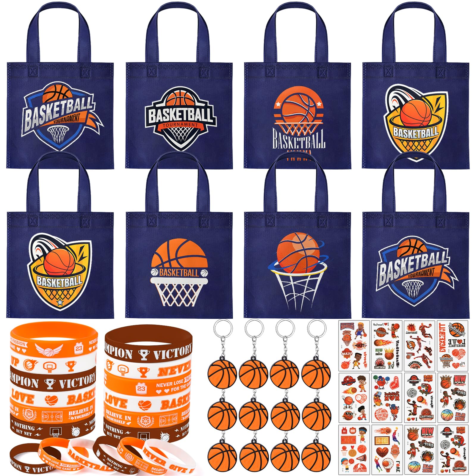 SNLN 12Sets Basketball Party Favors Birthday Supplies Boy Kid, Tote Bag Silicone Bracelet Keychain Tattoo Sticker Basketball Favors Pinata Filler
