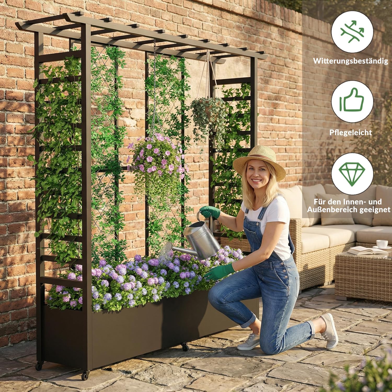 Hochbeet mit Rankgitter und Hängedach, freistehender Metall-Pflanzkasten mit Rollen, mobiler Pflanzkasten für drinnen und draußen für Kletterpflanzen, Blumen, für Garten, Terrasse und Hof