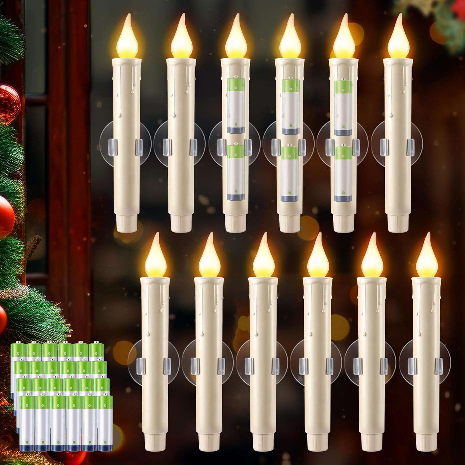 Enhon 12 Pcs Battery Operated Window Candles, Ivory LED Christmas Window Candles with Sensor Dusk to Dawn, Cordless Flameless Taper Candlestick with Battery & Suction Cup for Xmas Wedding Decorations