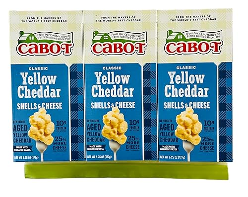 Cabot Macaroni & Cheese Classic Yellow Cheddar Bundle incluye tres cajas de 6.25 onzas de conchas cheddar amarillas clásicas Cabot y macarrones con