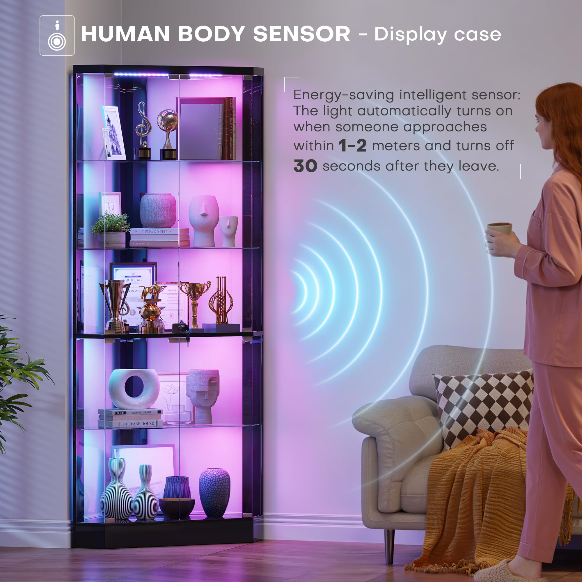 Eckvitrine – mit RGB Beleuchtung,5-Lagen Glasvitrine Vitrine mit Intelligente Sensorik,175 cm Höhe Vitrinenschrank Bücherregal Sammlervitrine Und Wohnzimmer Vitrine -Schlafzimmer Schwarz