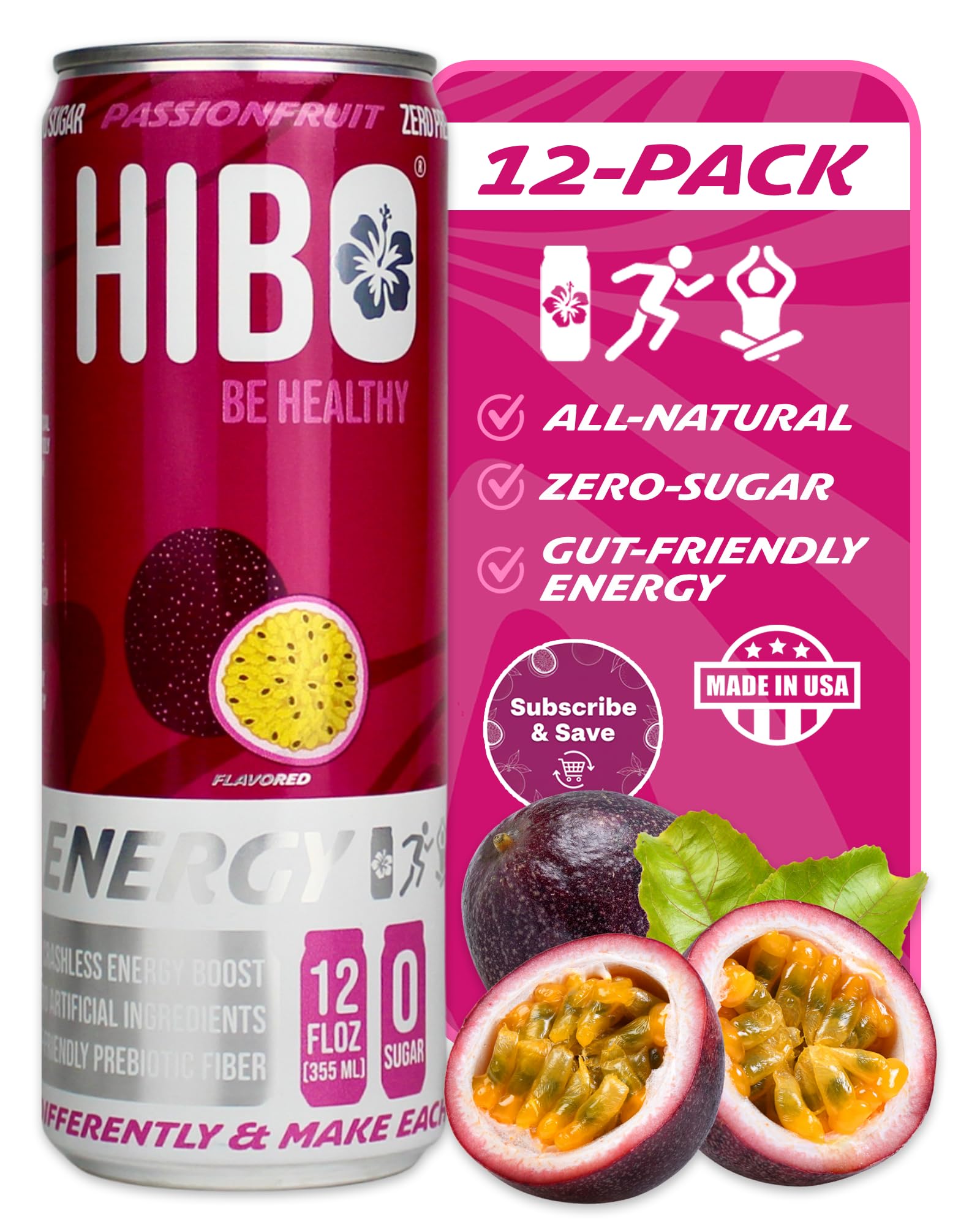 HIBO Healthy Energy Drinks Sugar Free – Gluten-Free & Gut-Friendly Prebiotic Fiber with 140 mg Caffeine & 60 mg Green Coffee Extract, Electrolytes – Supports Immunity & Focus - Passion