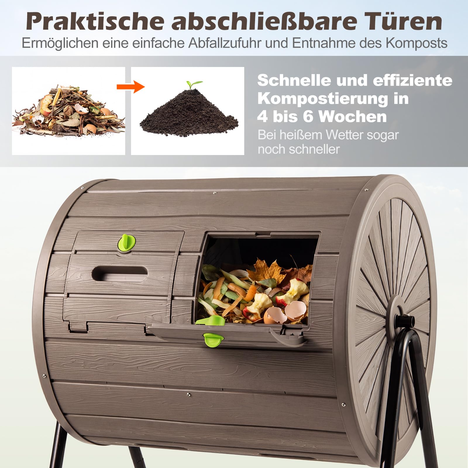 COSTWAY 142L Trommel-Komposter, Gartenkomposter Doppelkammer, 360° drehbar, Kompostschleuder mit 2 abschließbare Türen, Schnellkomposter aus PP & Metall, für Garten Balkon, 70x63x92cm (Kaffee)