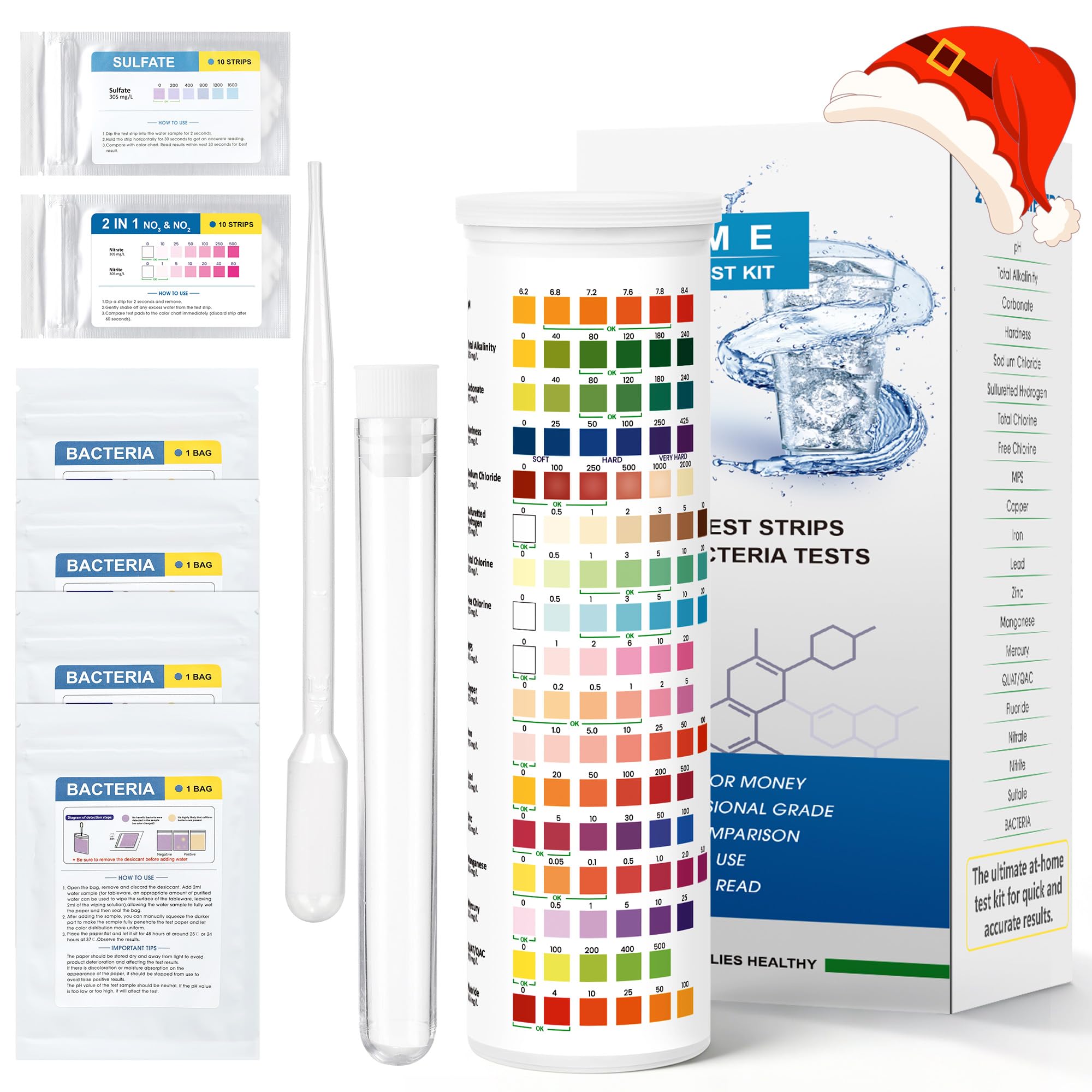 21-in-1 Drinking Water Test Kit for Tap & Well - 120 Strips + 4 Bacteria Tests. Home Water Quality Tester for Lead, Iron, pH, Hardness, Fluoride, Copper, Nitrate. EPA Standard