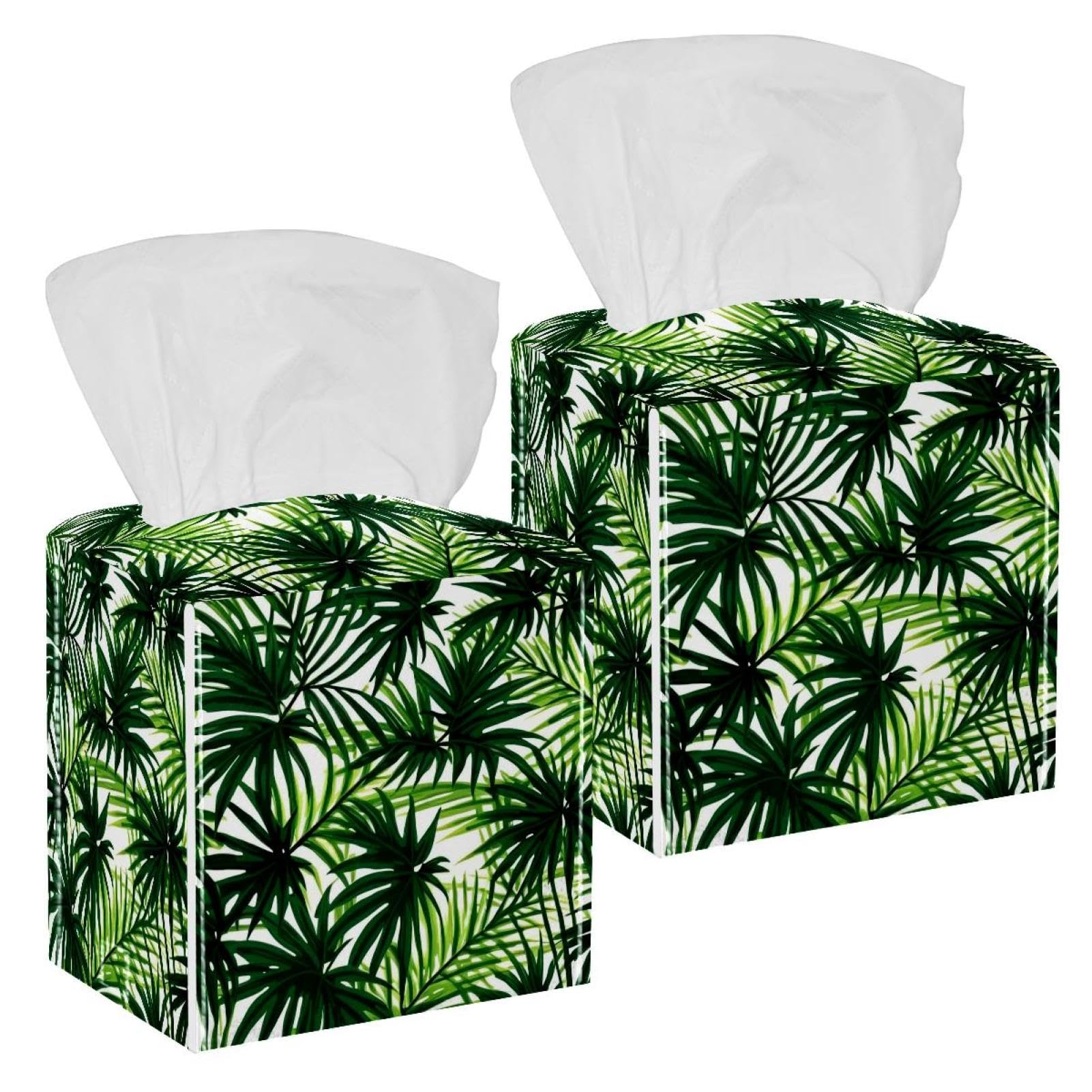 Artistic Leaves Tissue Box Cover, 2 Pack PU Leather Square Facial Tissue Dispenser Box holder for Home Office Car
