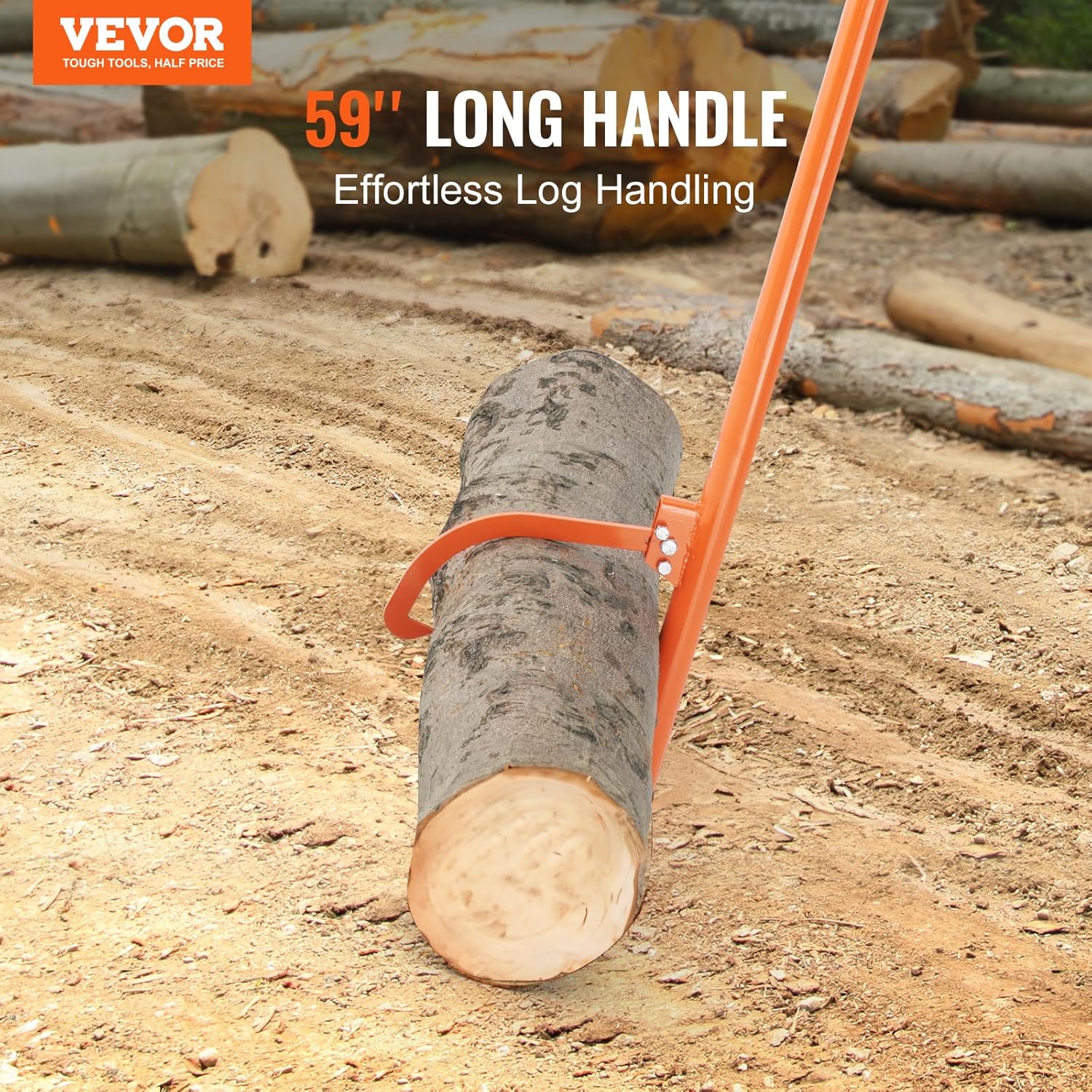 A VEVOR cant hook positioned to roll a log, demonstrating its 59-inch long handle for effortless log handling.