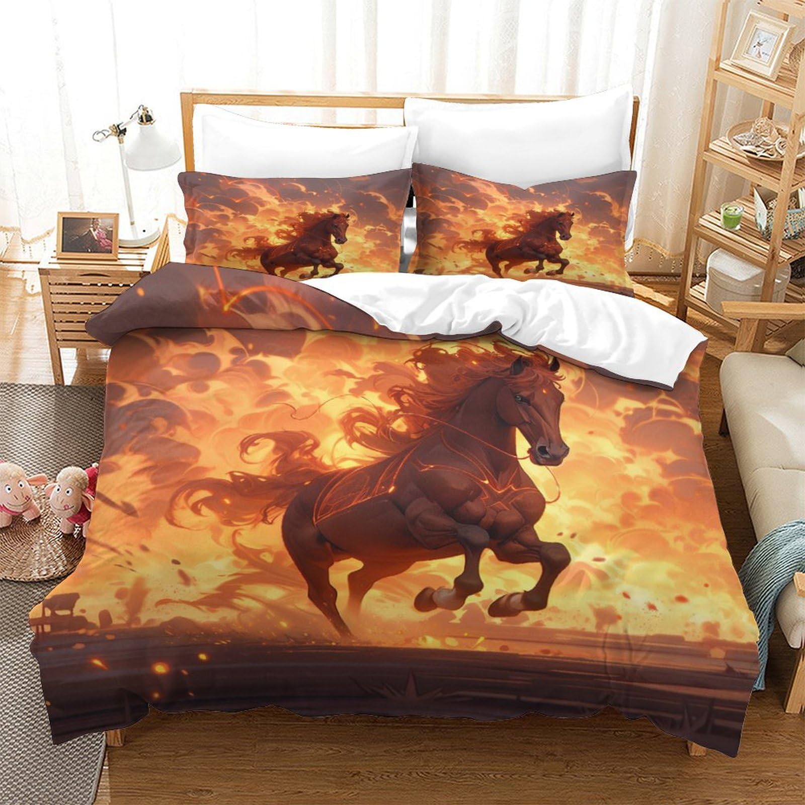 Housse de couette cheval 3D parure de lit 260x220 cm en microfibre grand confort