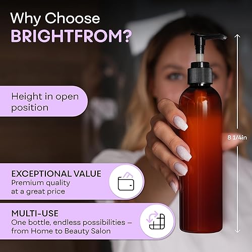 Miniatura 6 de BRIGHTFROM Botellas con bomba de loción, envases de plástico recargables vacíos de 8 onzas, sin BPA, ámbar con dispensador negro para jabón, champú,