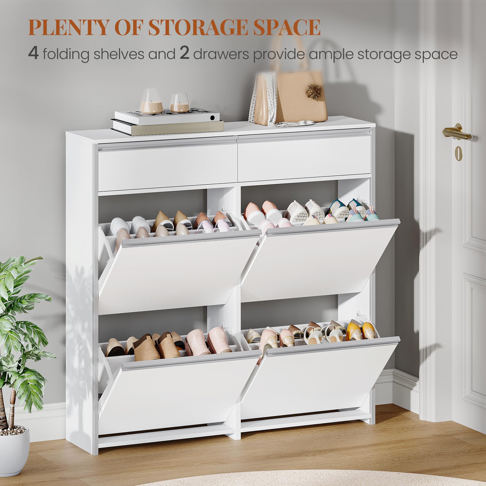 HEXCELEN Meuble à Chaussures avec 4 Battants, 16 à 24 Paire, Blanc-Argent | Étroit Étagère à Chaussures avec Tiroir, Meuble à Chaussure, Séparateur Réglables, pour Couloir, Entrée, 100 x 24 x 99 cm