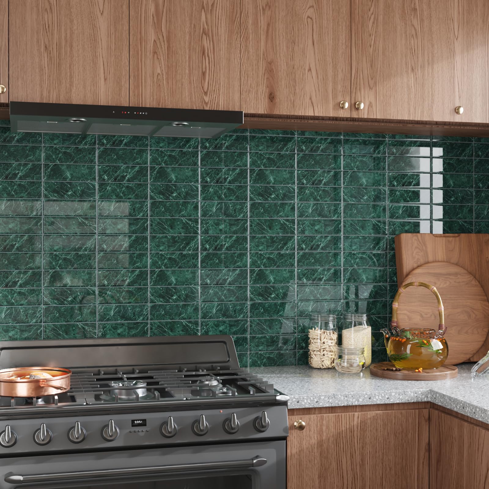 Piastrelle Adesive Effetto Marmo Verde Scuro 3D Per Cucina E Bagno - 16 Pezzi 30.5x30.5cm