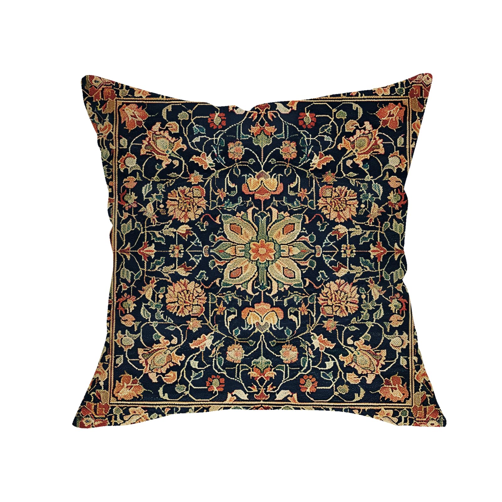 Fjfz Vintage Floral Decorative Throw Pillow Cover 18 x 18 Boho Burnt Orange Flower Botanical Tapestry Dark Blue
