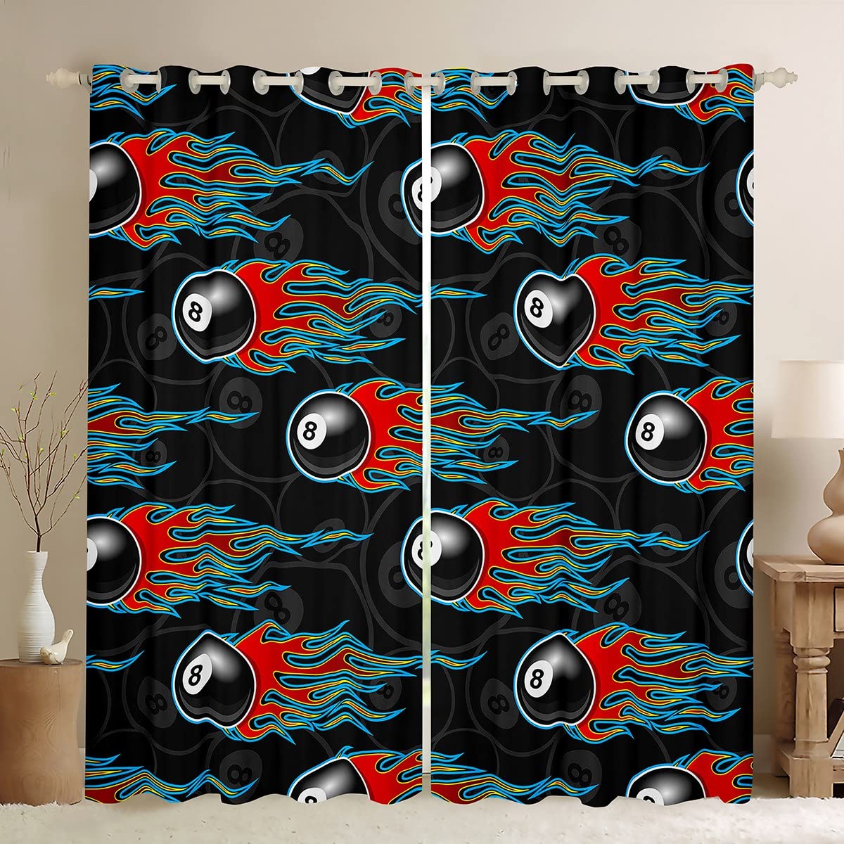 Loussiesd Billiards Ball Blackout CurtainsSports Window Dreapes 3D Ball Games Red Black Curtain for Bedroom Gift for Bedroom Billiards Ball Player Window Treatments W66*L72