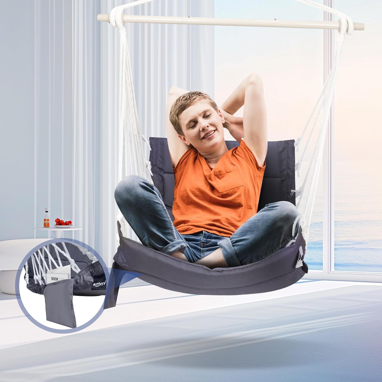 Hammock Chair Porch Hanging Swing with Side Pocket;Steel Spreader Bar,Hardware kit Included;Quilted Fabric;Up to 350 Lbs,for Indoor or Outdoor - Image 7