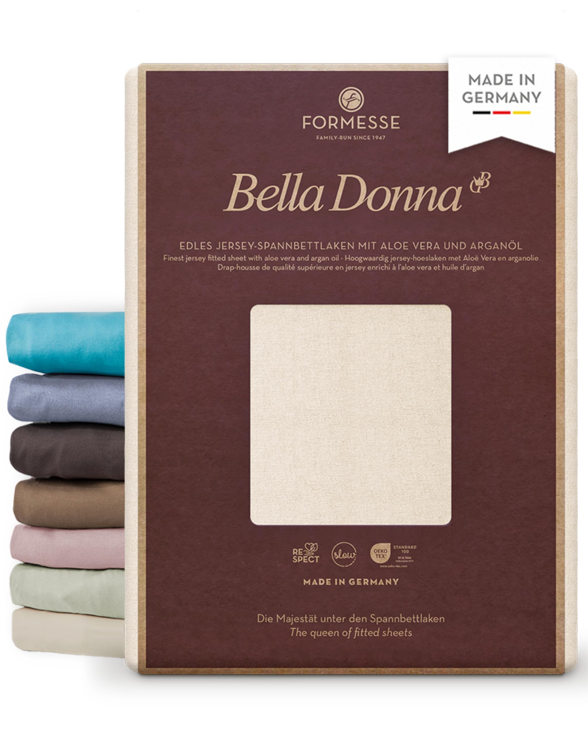 Formesse – Bella Donna Jersey. Szlachetne prześcieradło z gumką z dżerseju 90 x 190-100 x 220 cm - wysokość do 30 cm - 97% przędza bawełniana, 3% elastan, aloes i olej arganowy prześcieradło z gumką z