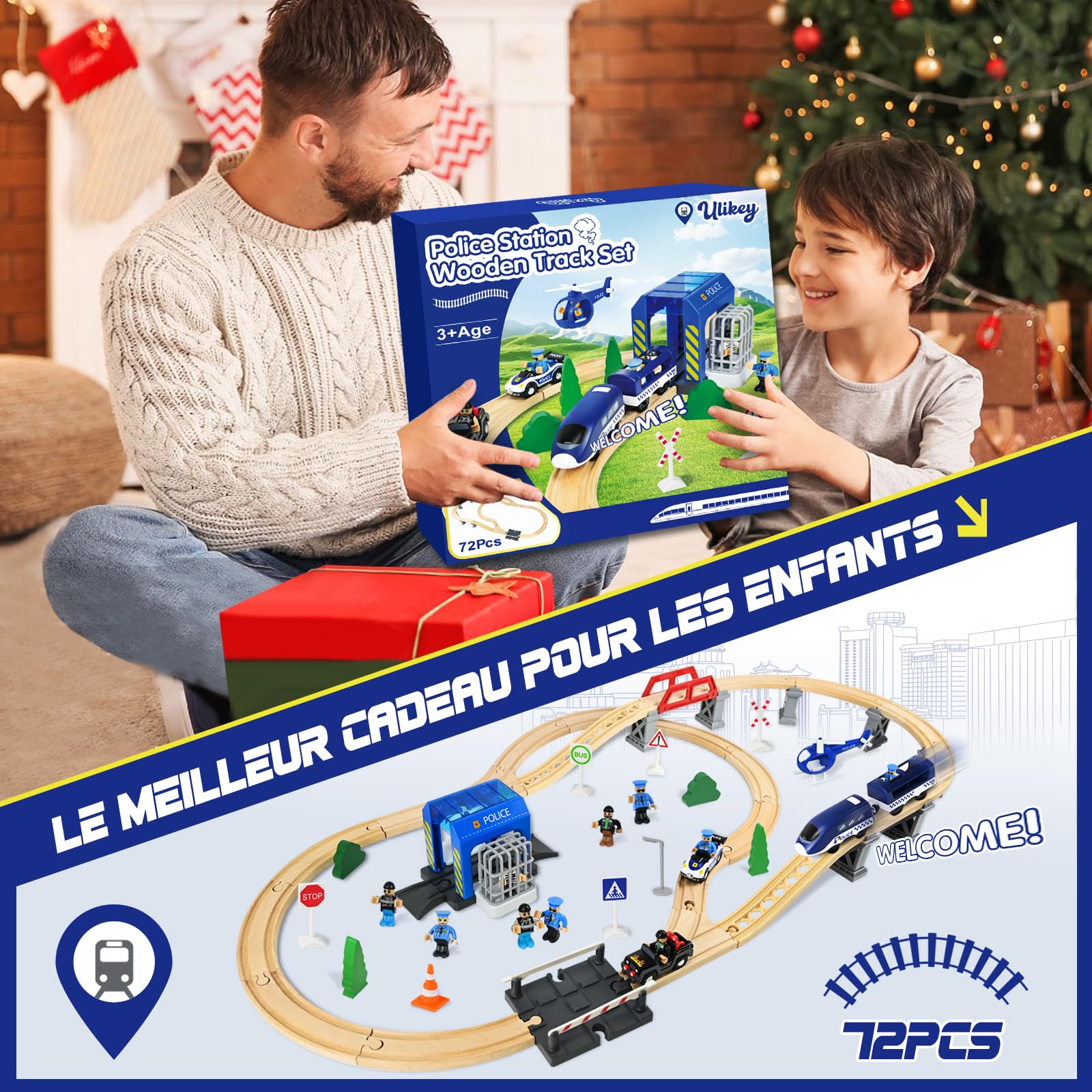 Ulikey Ensemble de chemin de fer en bois pour enfants - 72 pièces - Rails et train - Kit de train miniature avec locomotive électrique, police et voleurs - Cadeau pour garçons et filles