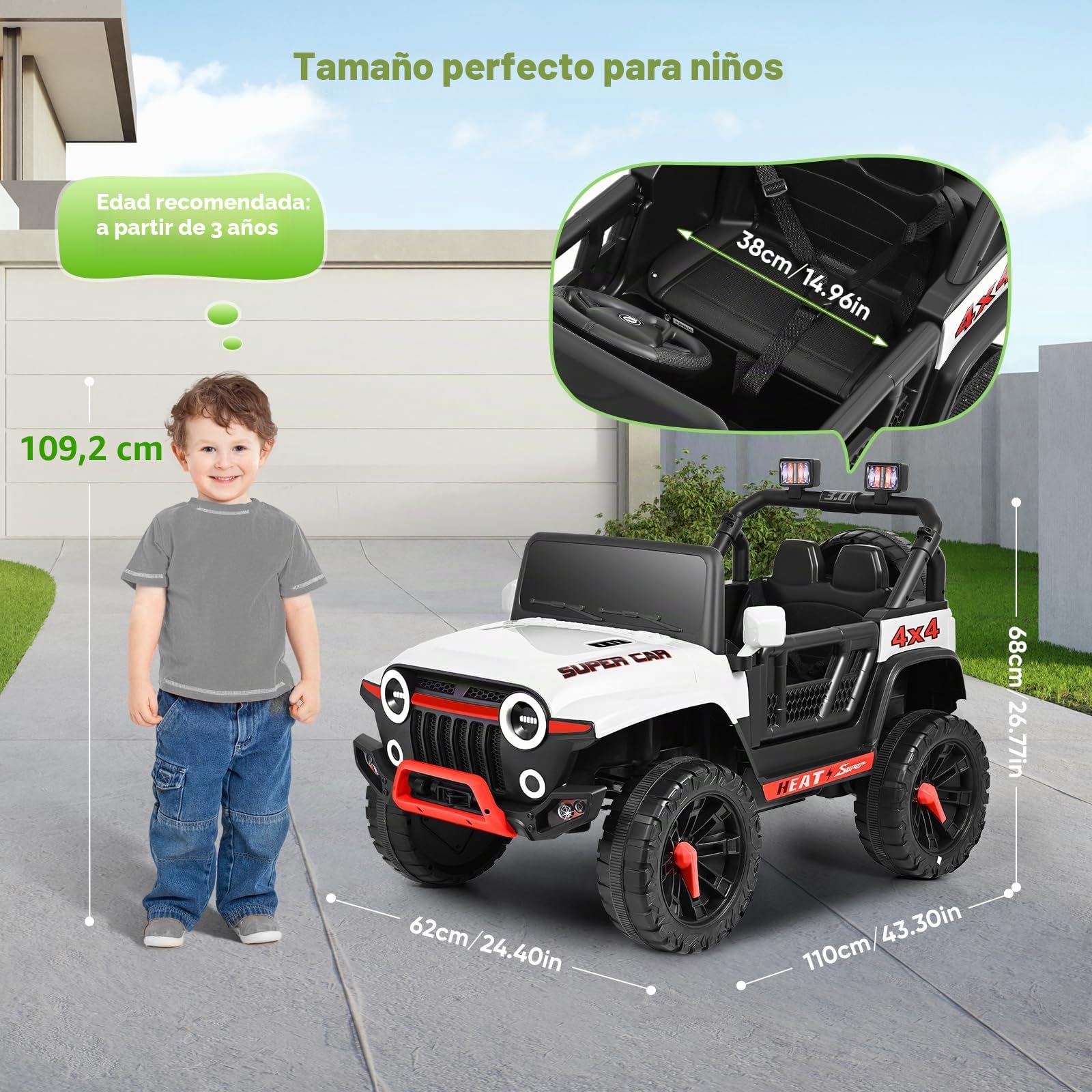 Vehículos eléctricos, coche eléctrico para niños, coche eléctrico infantil de 24V con mando a distancia, 2 motores de 150W, capacidad máxima de carga: 50 kg (blanco)