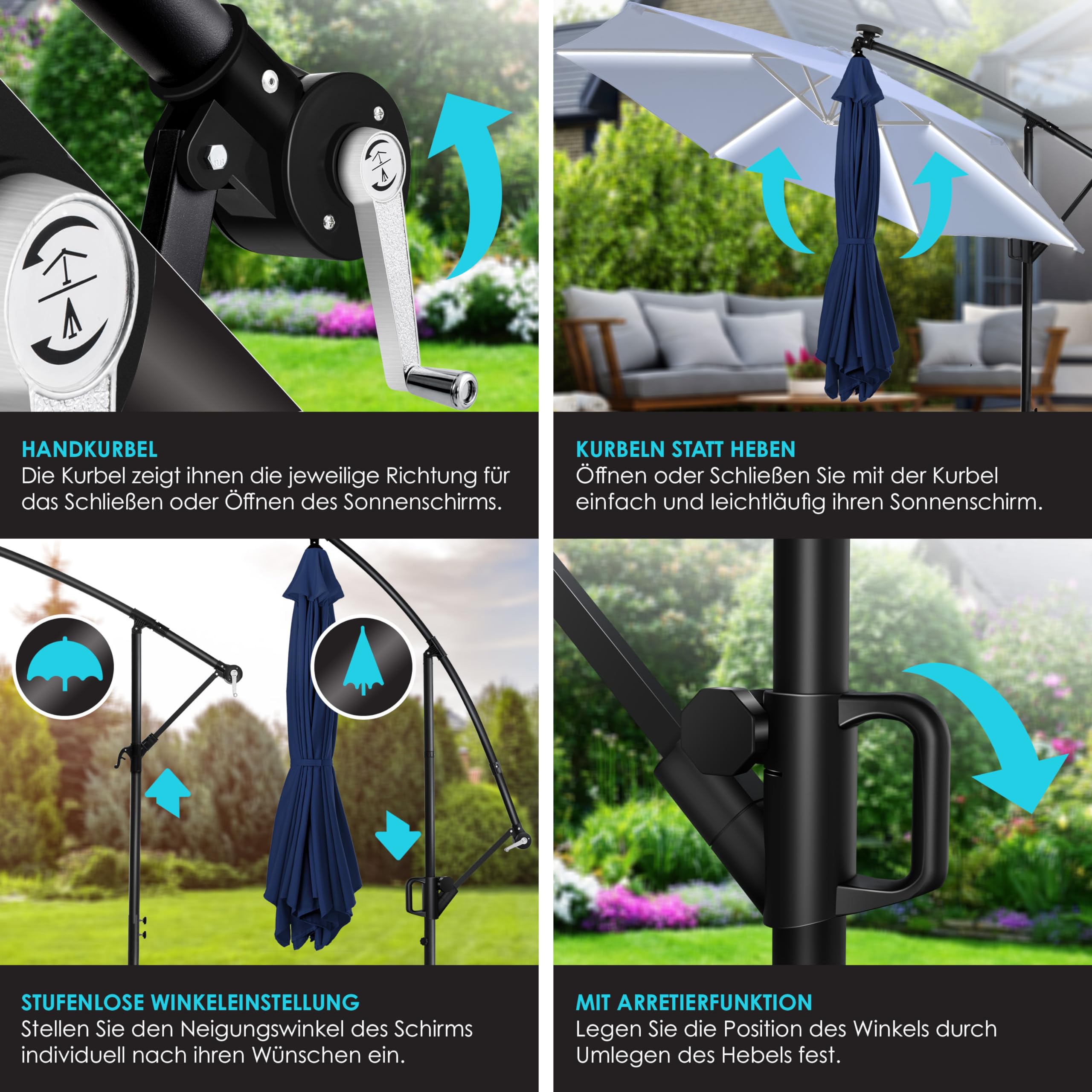 KESSER® Ombrellone in Alluminio, LED solare, incl. Copertura, Telecomando, Manovella, Funzione 360°, Protezione UV, Idrorepellente, Ombrellone da Giardino