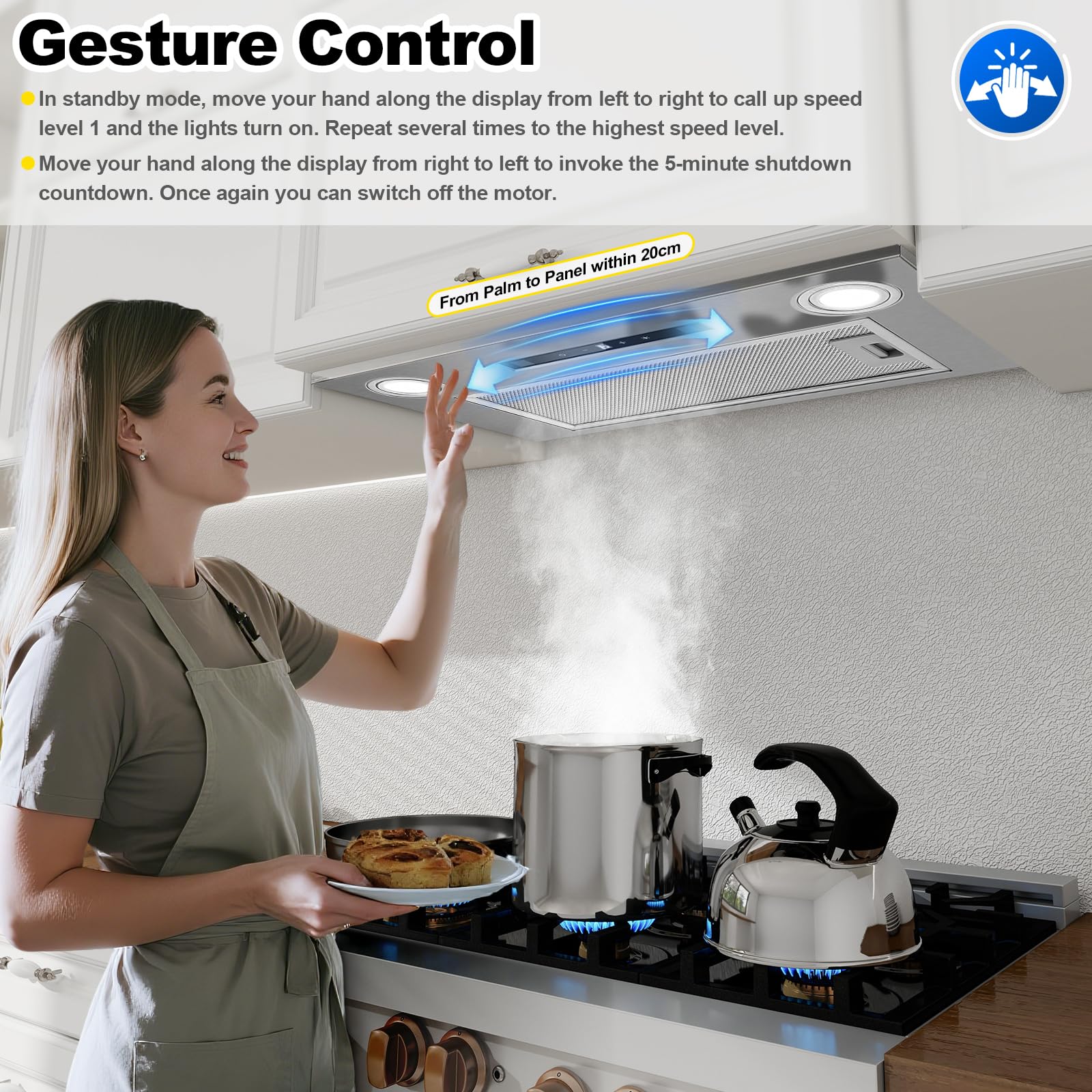 Cappa da incasso 52 cm, 400 m³/h Cappa da cucina, 3 velocità e Funzione Booster, Comandi Gesto, Tocco, Illuminazione a LED, Evacuazione dei condotti e ricircolo con filtro carbone attivo